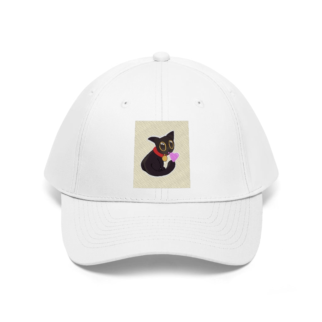 Black Kitty Unisex Twill Hat featuring a classic 6-panel design, adjustable Velcro closure, and made from 100% cotton twill for comfort and durability.