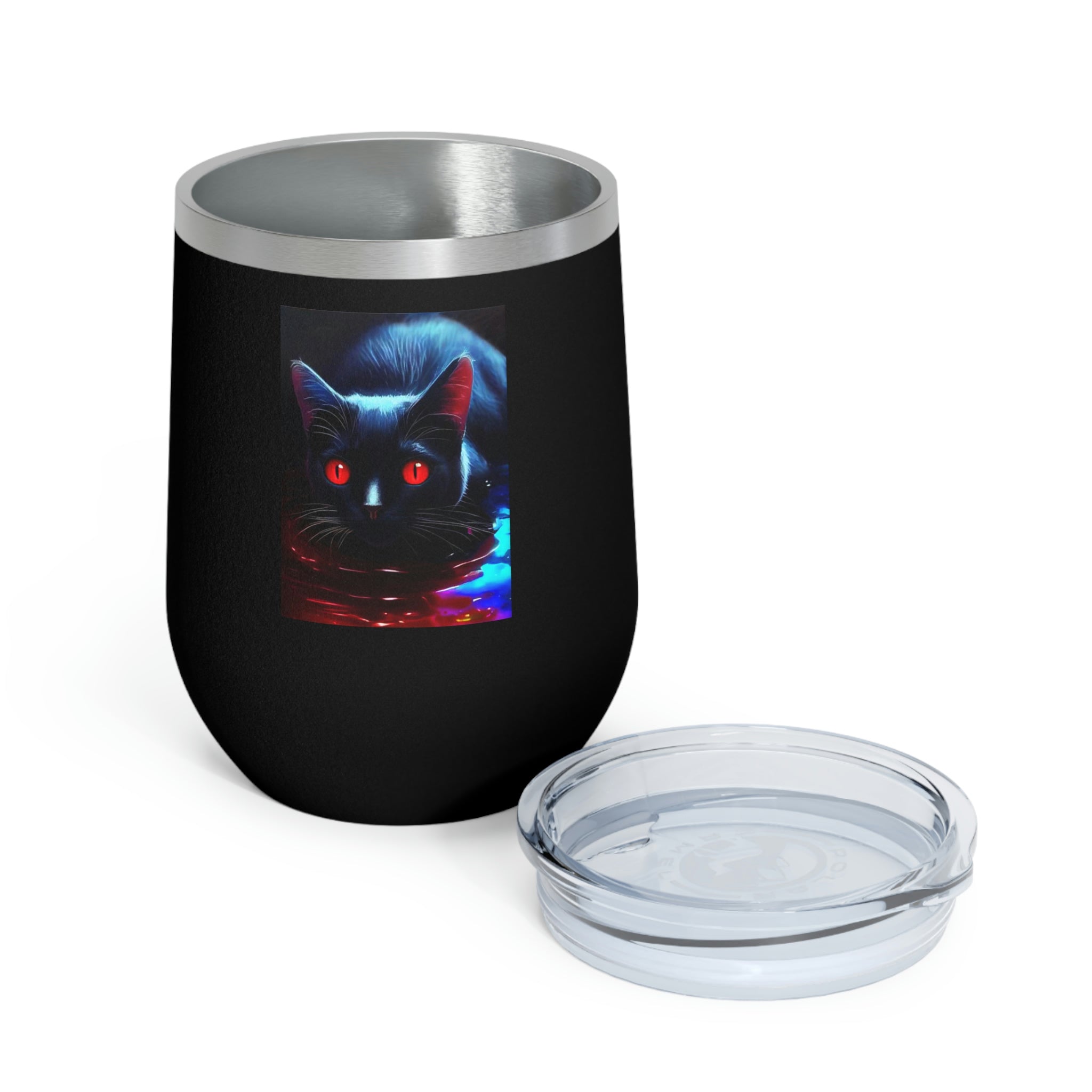 Black Kitty Wine Tumbler with a clear lid, showcasing its sleek stainless steel design and double insulation.