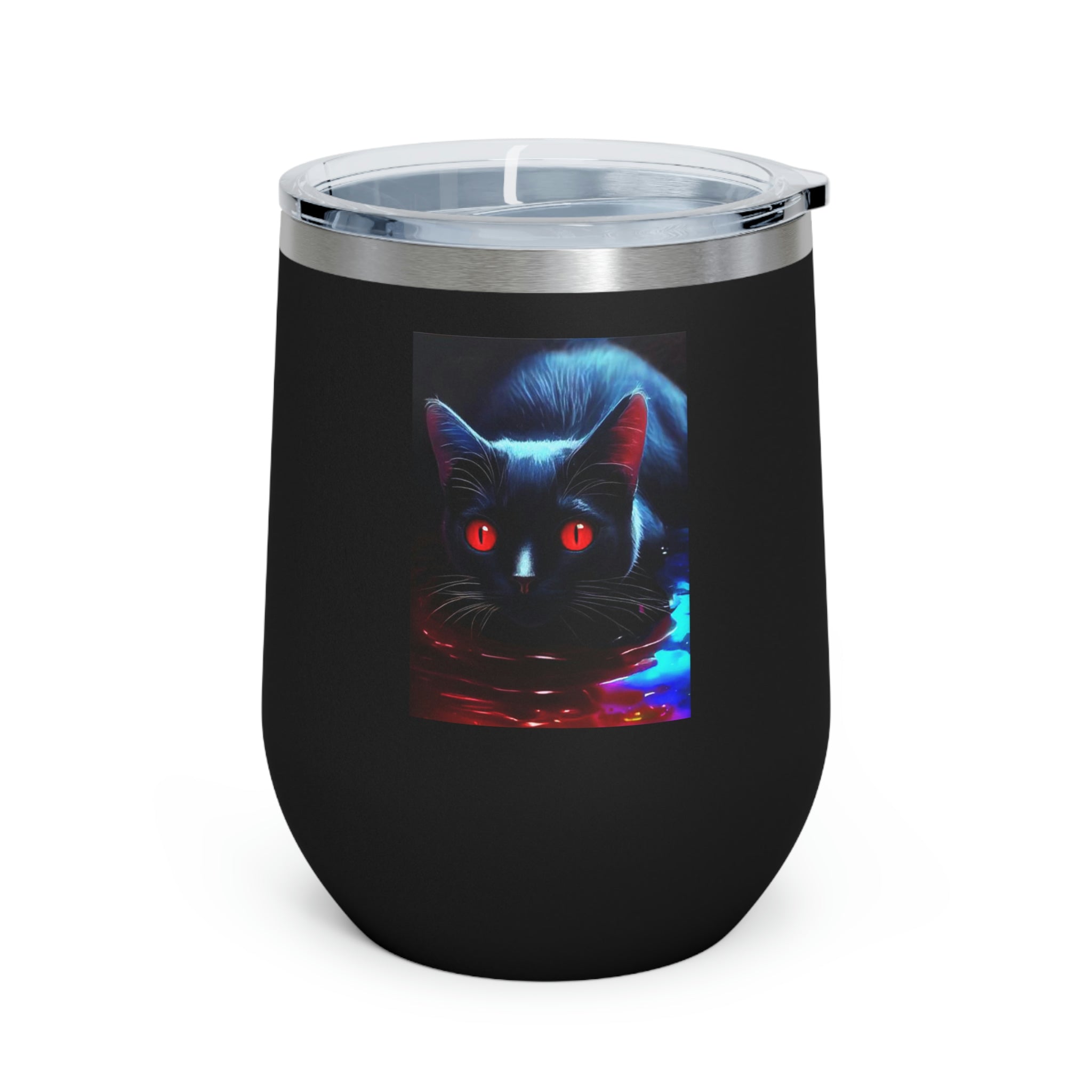 Black Kitty Wine Tumbler with a clear lid, showcasing its sleek stainless steel design and double insulation.