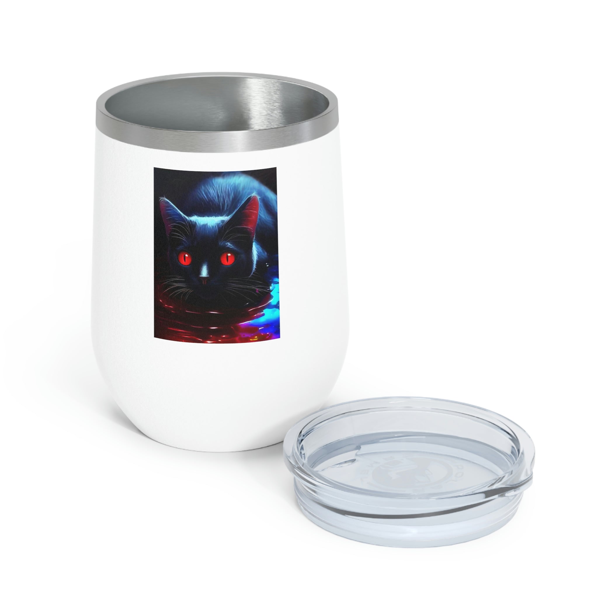 Black Kitty Wine Tumbler with a clear lid, showcasing its sleek stainless steel design and double insulation.