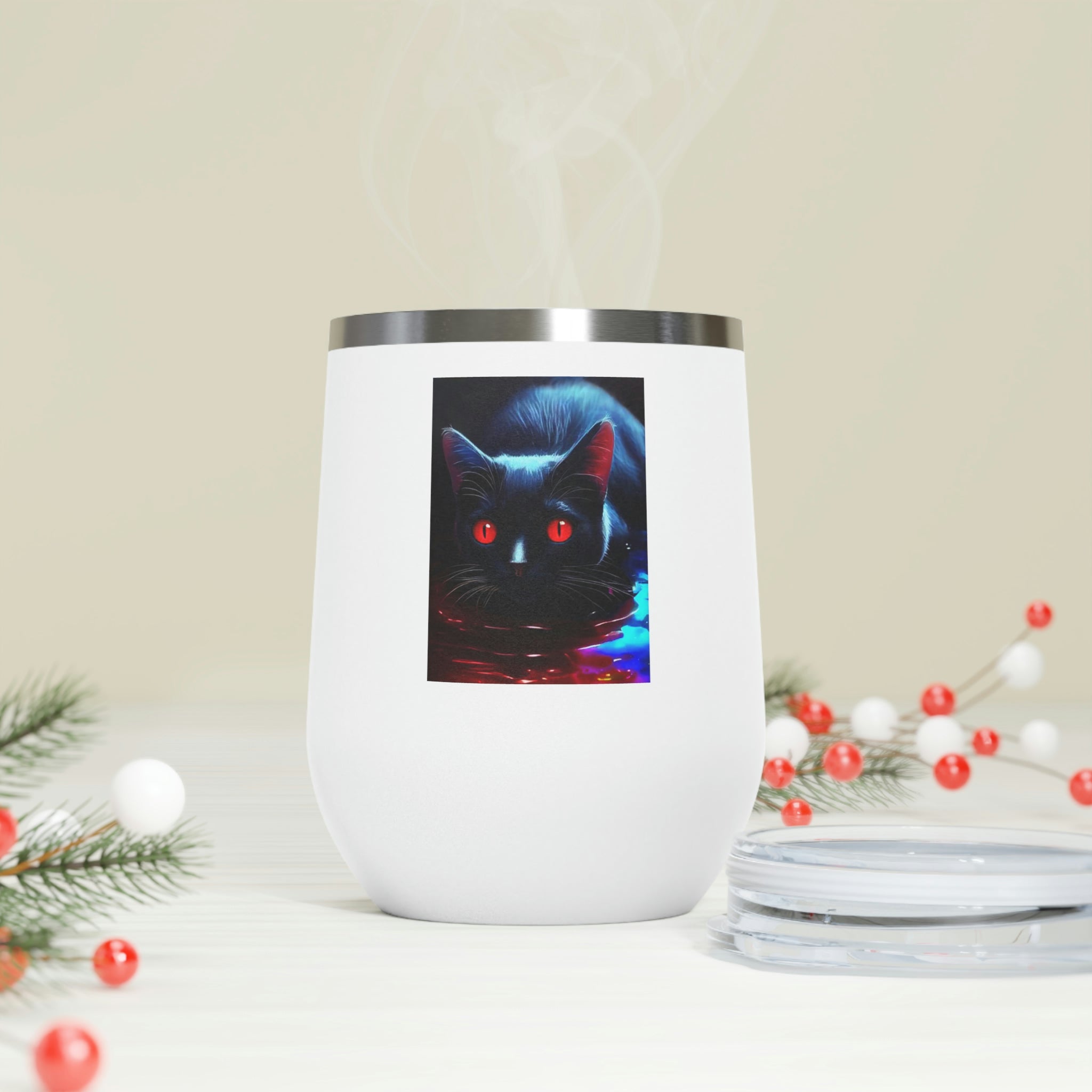 Black Kitty Wine Tumbler with a clear lid, showcasing its sleek stainless steel design and double insulation.