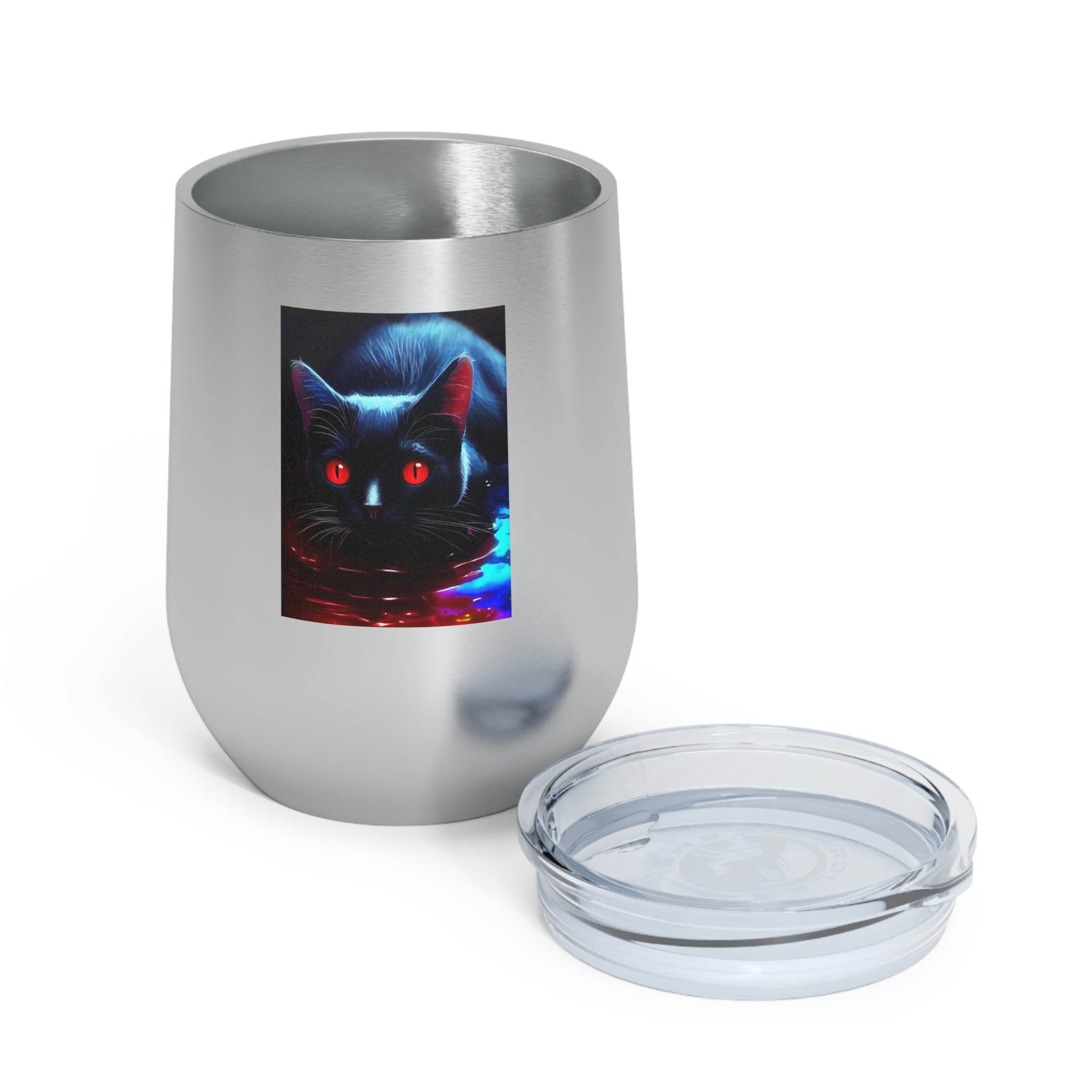 Black Kitty Wine Tumbler with a clear lid, showcasing its sleek stainless steel design and double insulation.
