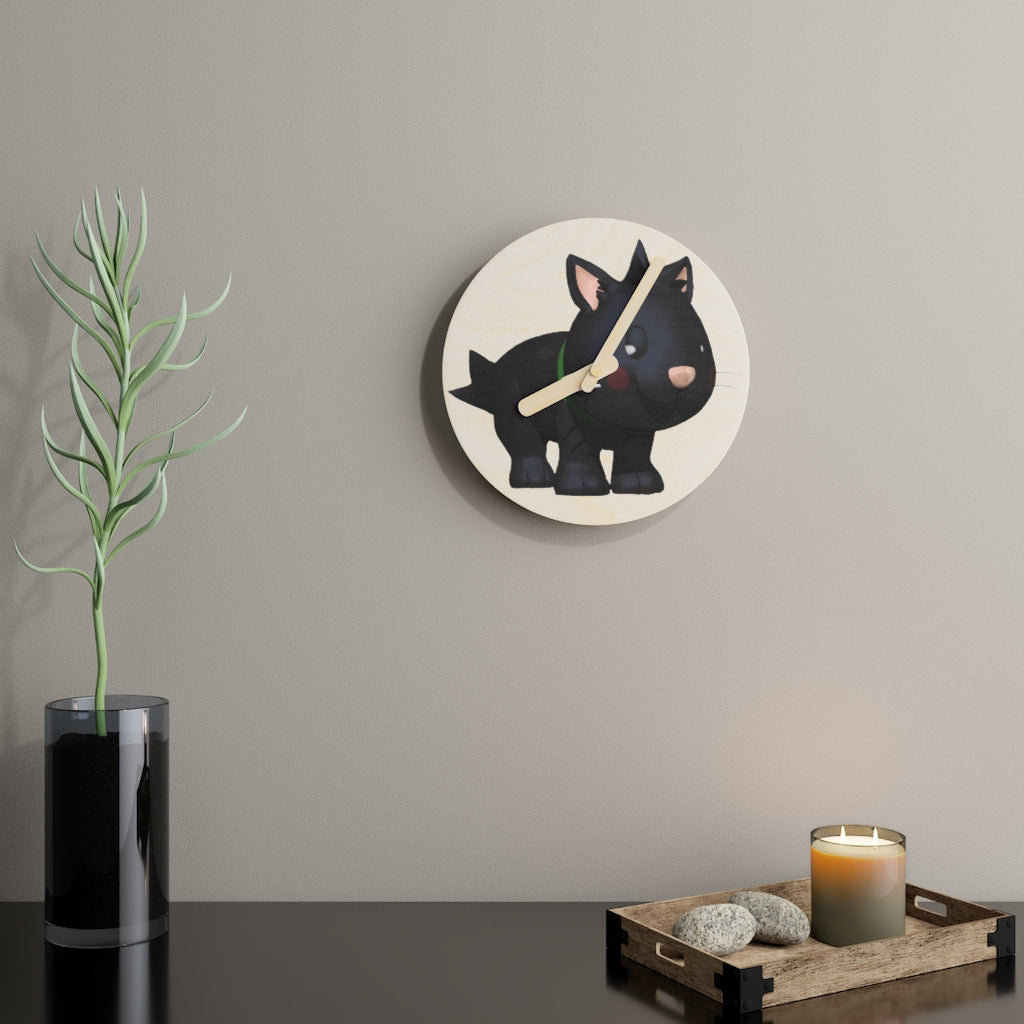 Black Kitty Wooden Wall Clock made from sustainable birch plywood, featuring a unique design suitable for indoor decor.