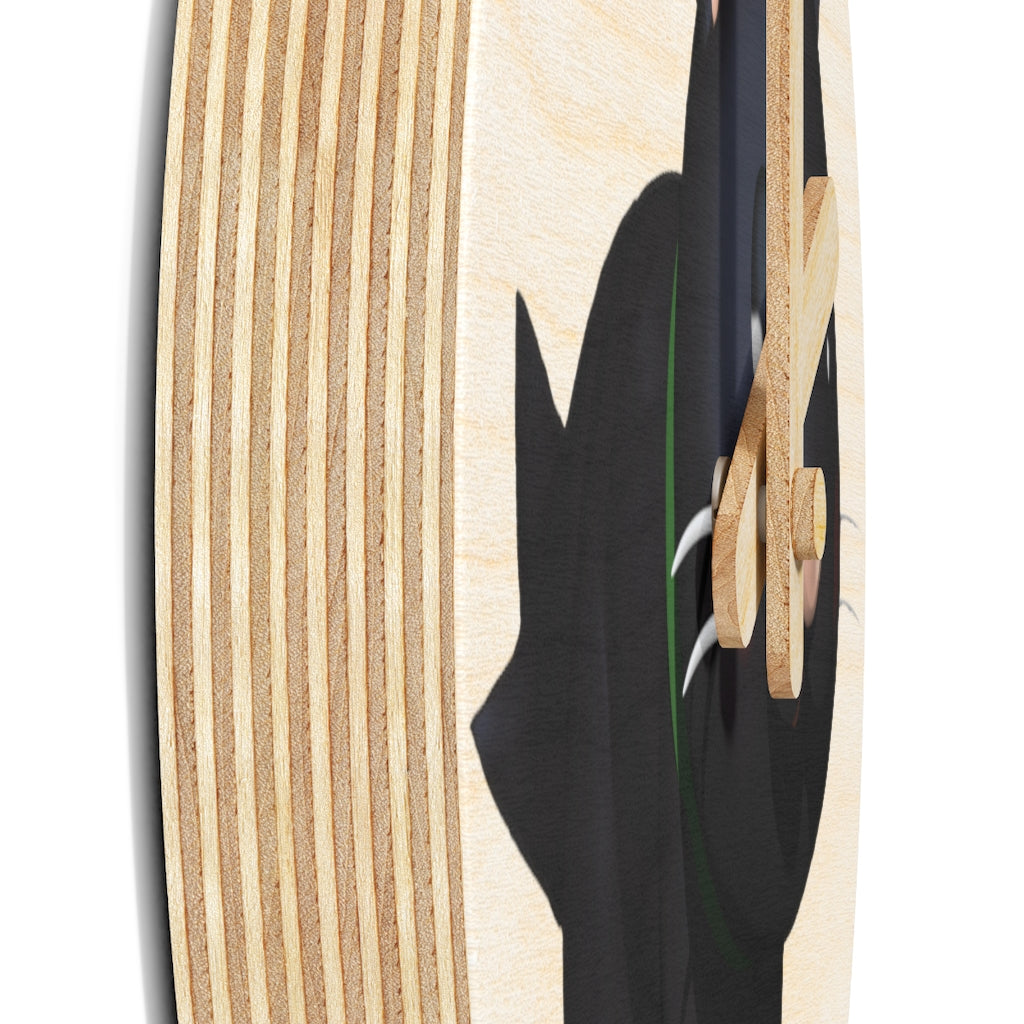 Black Kitty Wooden Wall Clock made from sustainable birch plywood, featuring a unique design suitable for indoor decor.