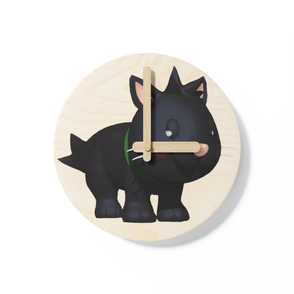 Black Kitty Wooden Wall Clock made from sustainable birch plywood, featuring a unique design suitable for indoor decor.