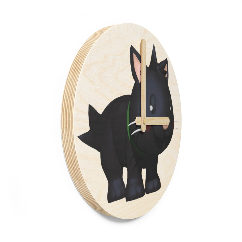 Black Kitty Wooden Wall Clock made from sustainable birch plywood, featuring a unique design suitable for indoor decor.