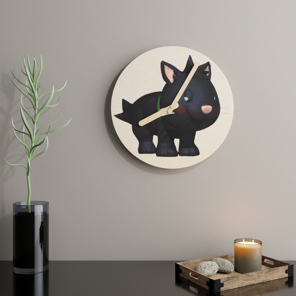 Black Kitty Wooden Wall Clock made from sustainable birch plywood, featuring a unique design suitable for indoor decor.
