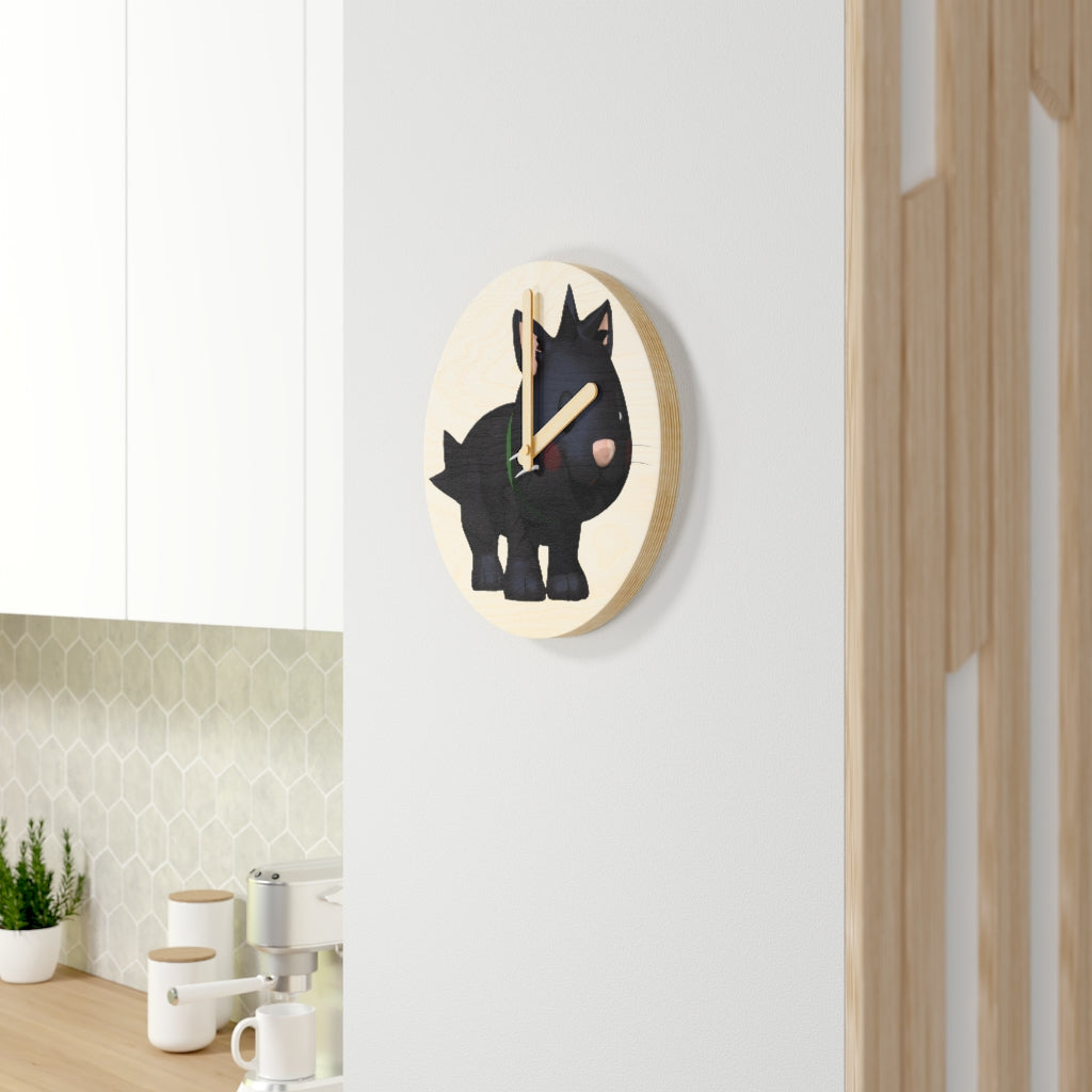 Black Kitty Wooden Wall Clock made from sustainable birch plywood, featuring a unique design suitable for indoor decor.