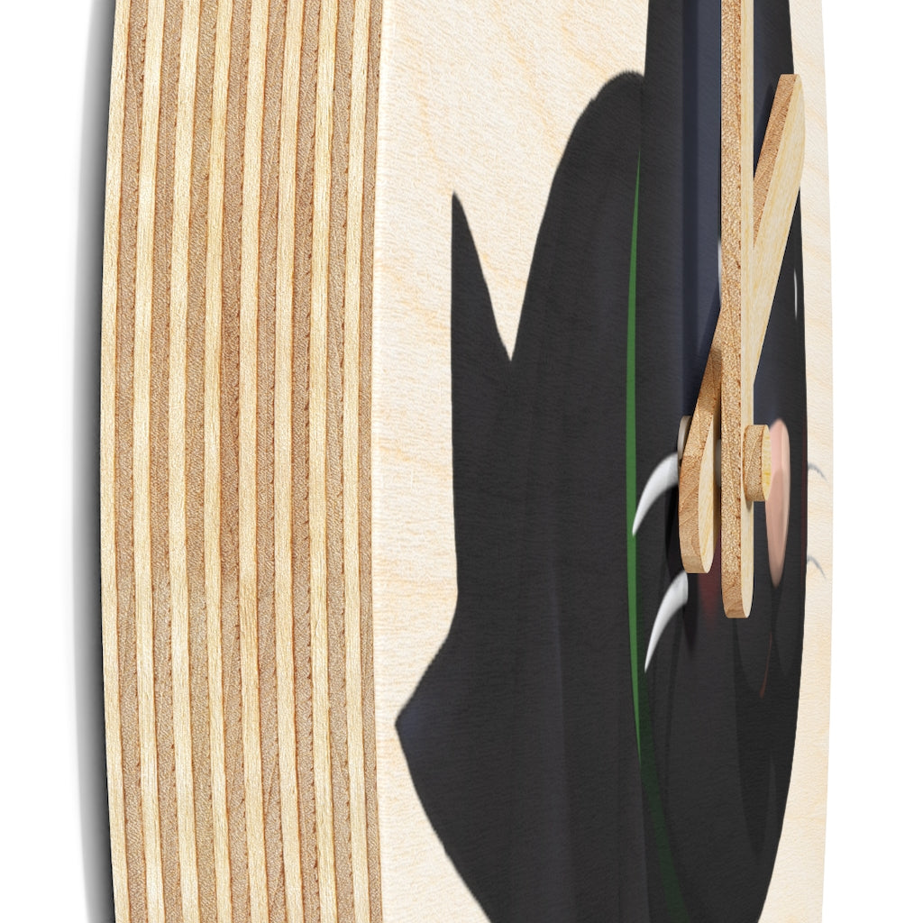 Black Kitty Wooden Wall Clock made from sustainable birch plywood, featuring a unique design suitable for indoor decor.