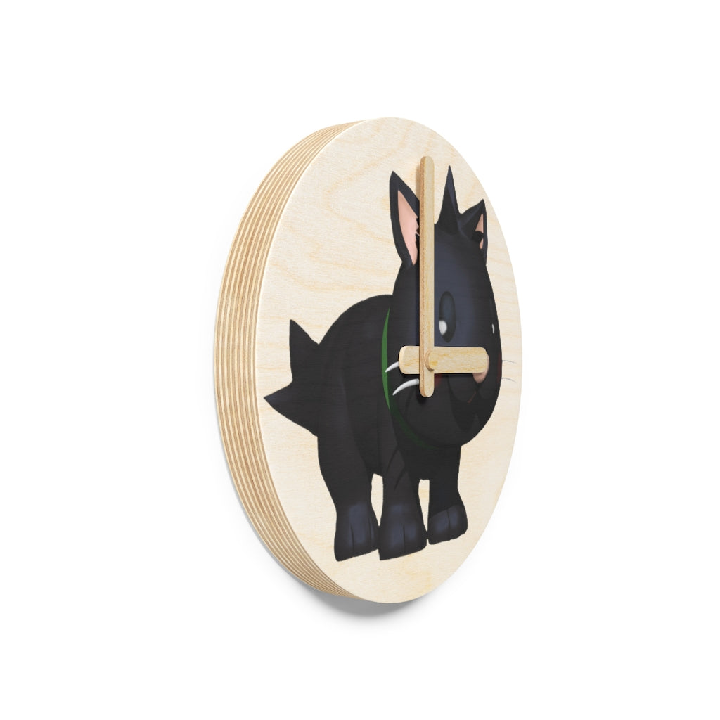Black Kitty Wooden Wall Clock made from sustainable birch plywood, featuring a unique design suitable for indoor decor.