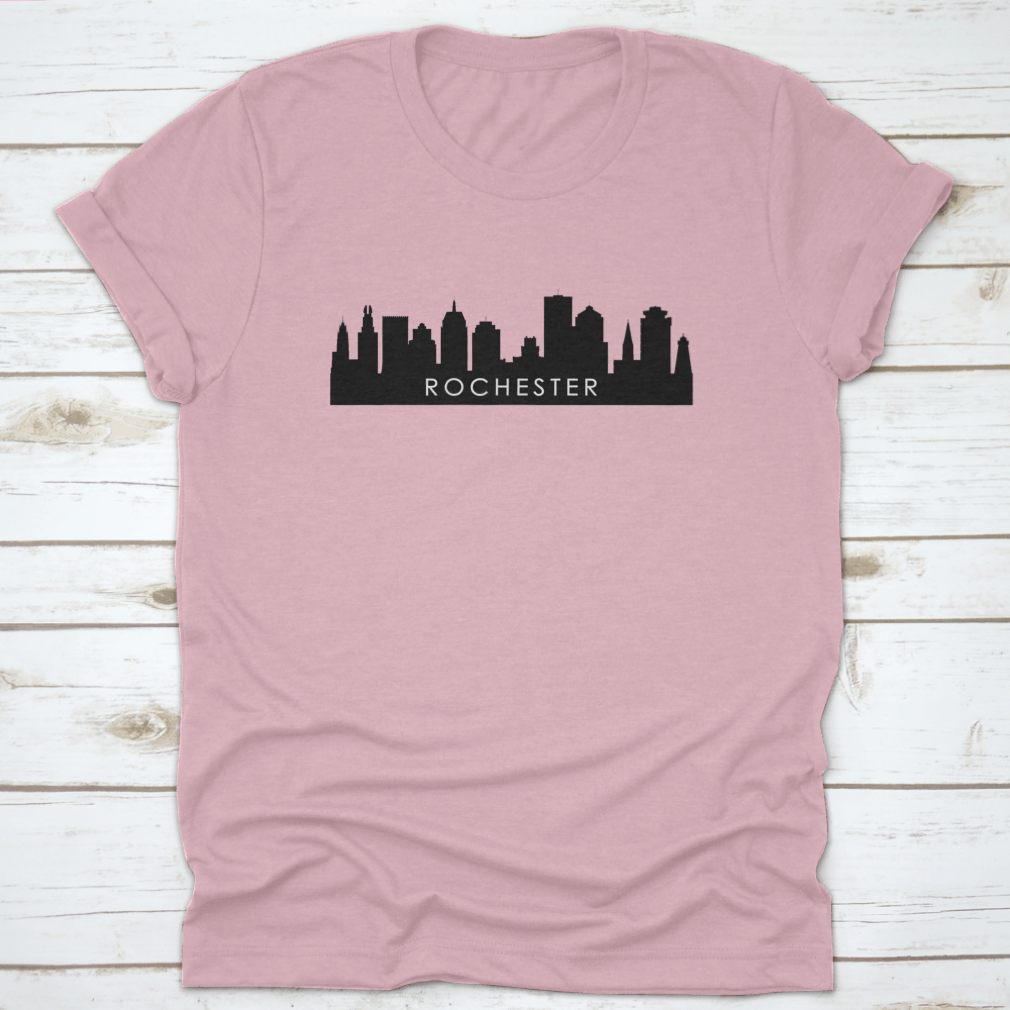 Black outline design of Rochester's city skyline on a cotton t-shirt, showcasing iconic landmarks.