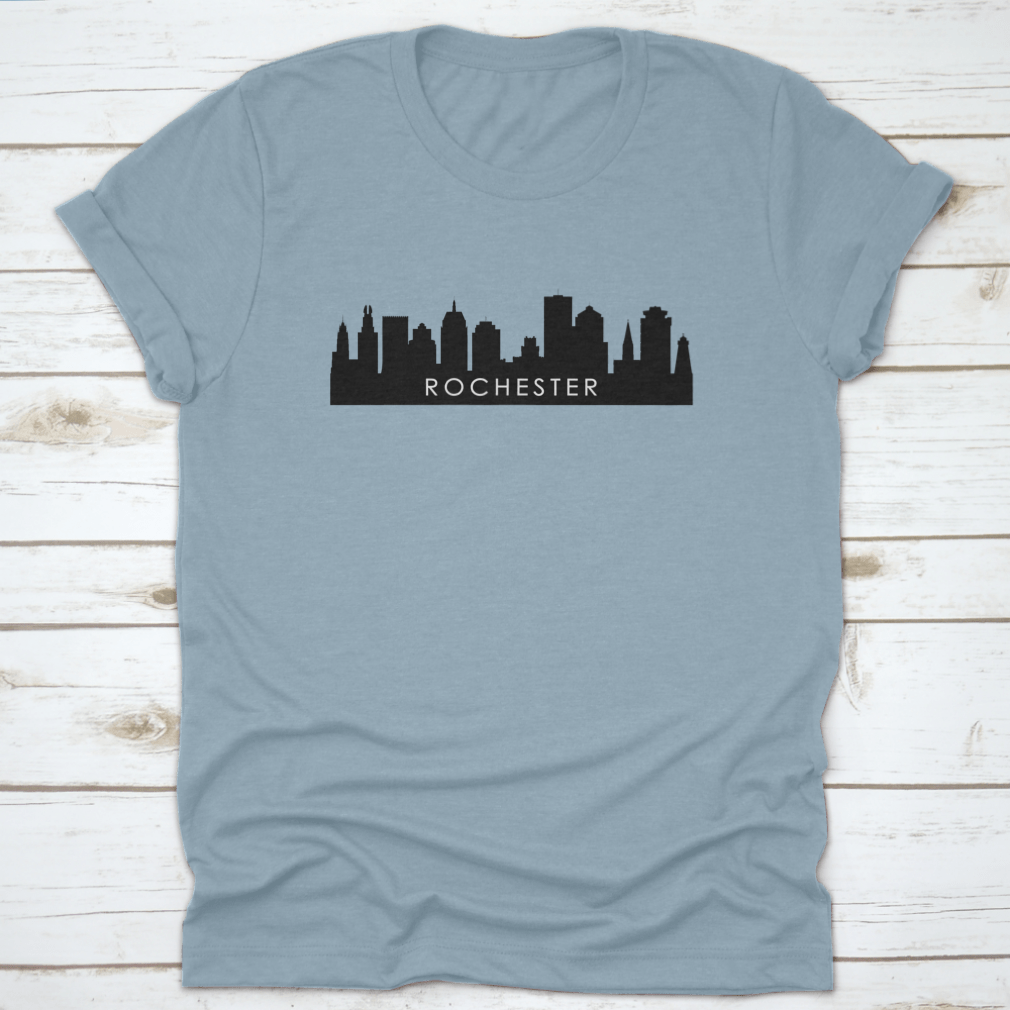 Black outline design of Rochester's city skyline on a cotton t-shirt, showcasing iconic landmarks.