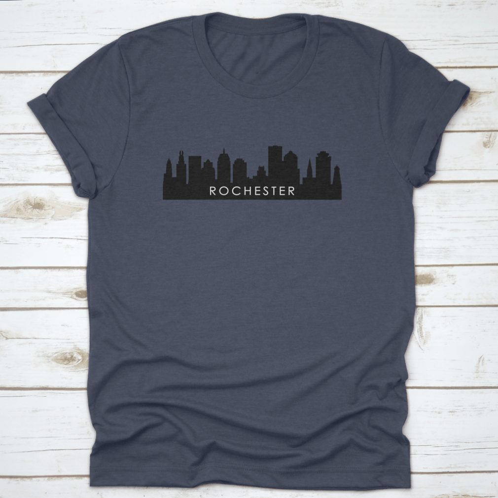 Black outline design of Rochester's city skyline on a cotton t-shirt, showcasing iconic landmarks.