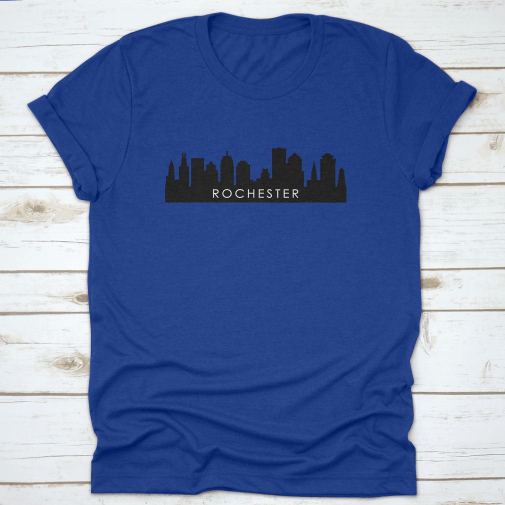 Black outline design of Rochester's city skyline on a cotton t-shirt, showcasing iconic landmarks.