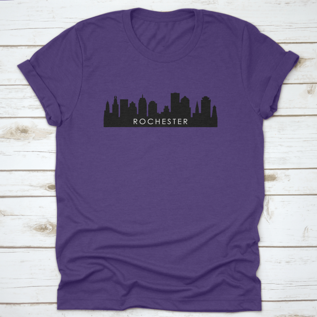Black outline design of Rochester's city skyline on a cotton t-shirt, showcasing iconic landmarks.