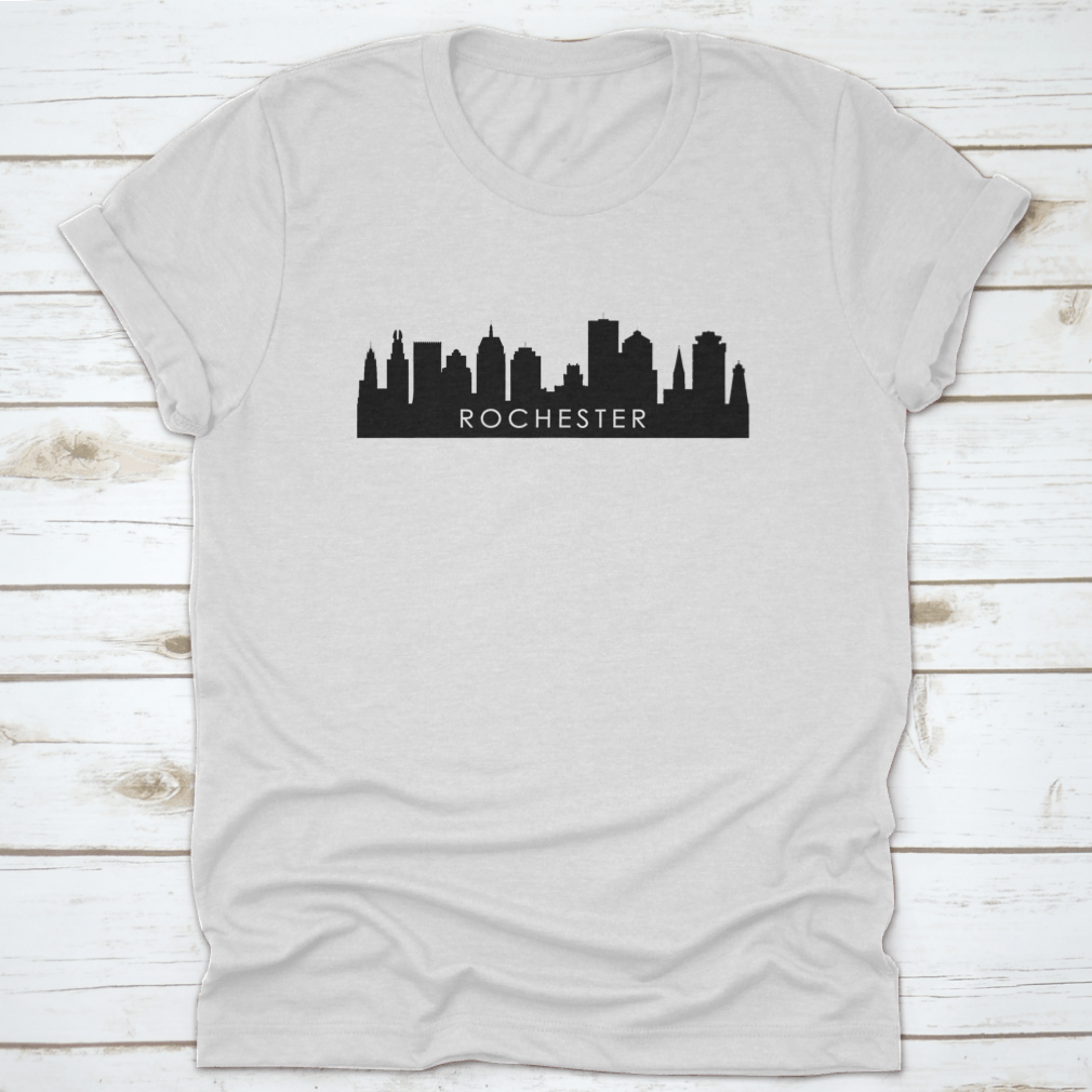 Black outline design of Rochester's city skyline on a cotton t-shirt, showcasing iconic landmarks.