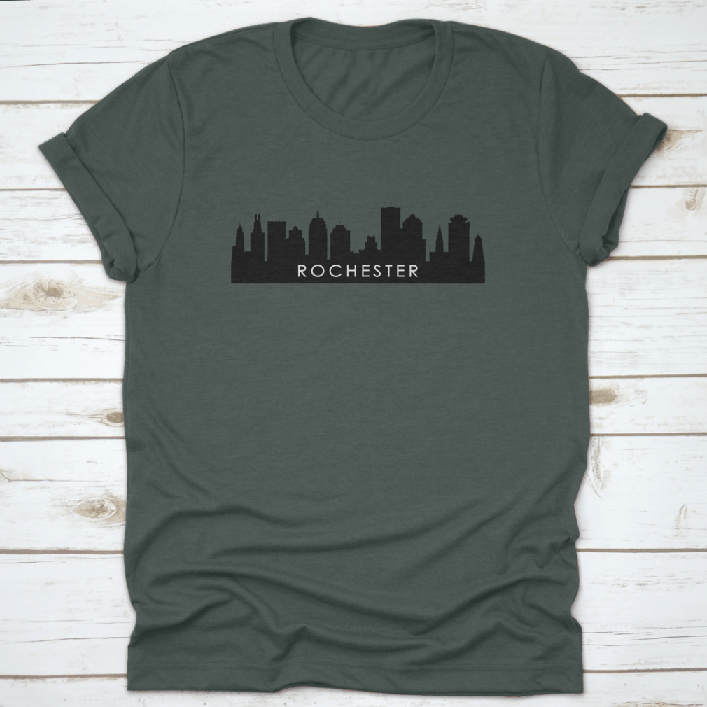 Black outline design of Rochester's city skyline on a cotton t-shirt, showcasing iconic landmarks.