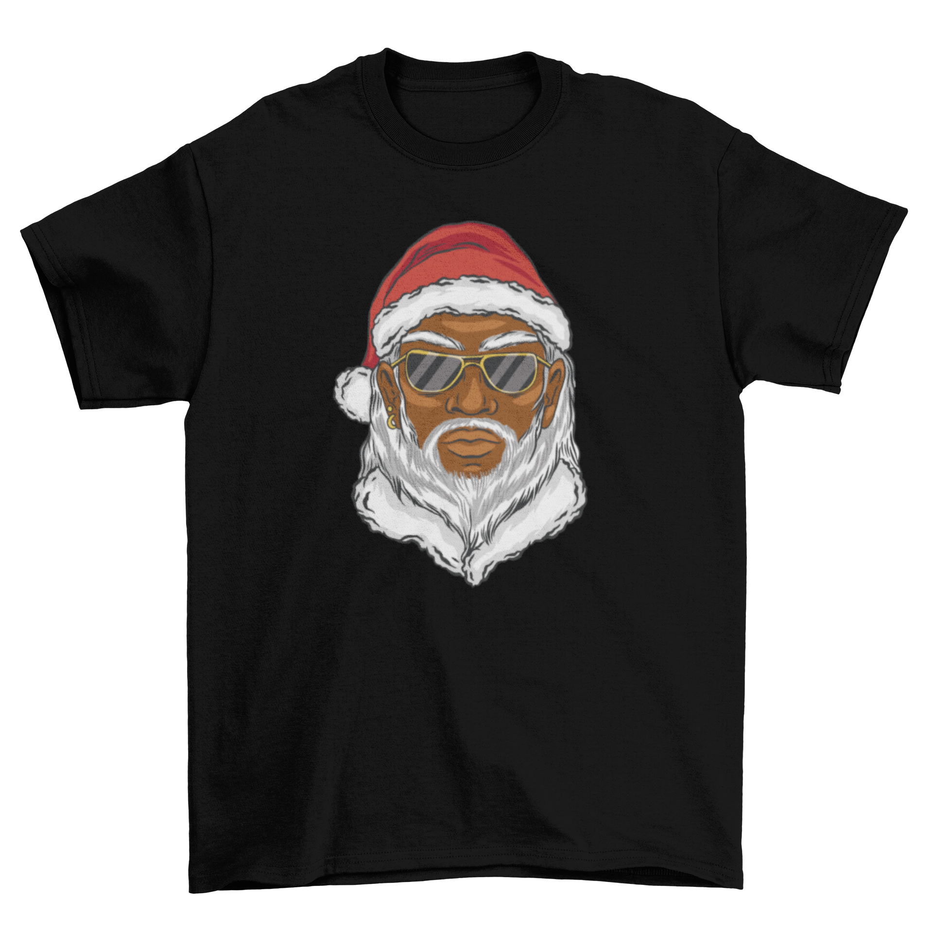 Black Santa Claus wearing sunglasses on a festive t-shirt design.