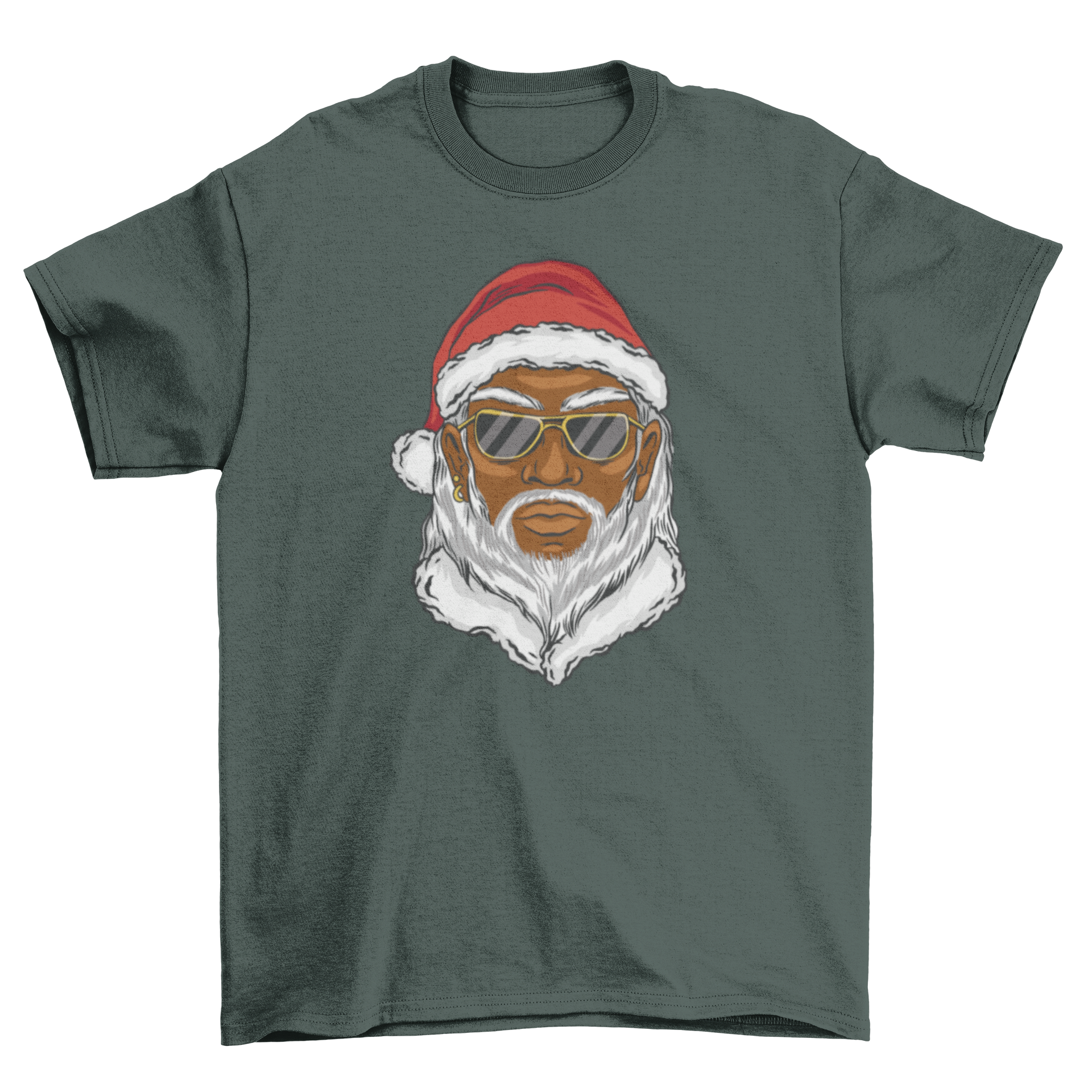 Black Santa Claus wearing sunglasses on a festive t-shirt design.
