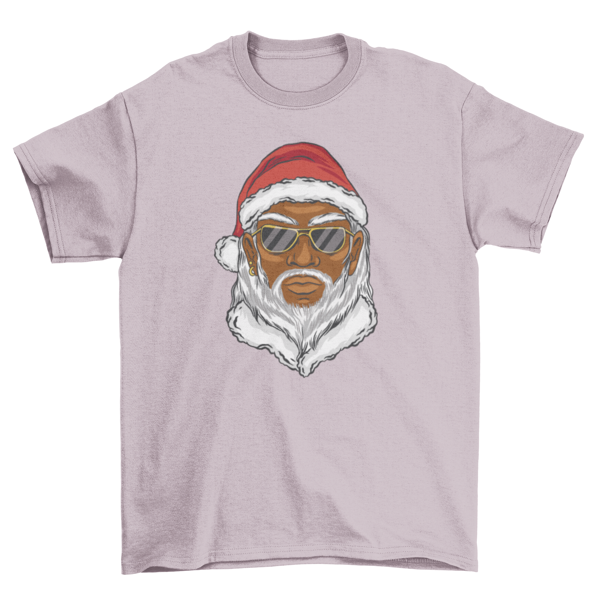 Black Santa Claus wearing sunglasses on a festive t-shirt design.