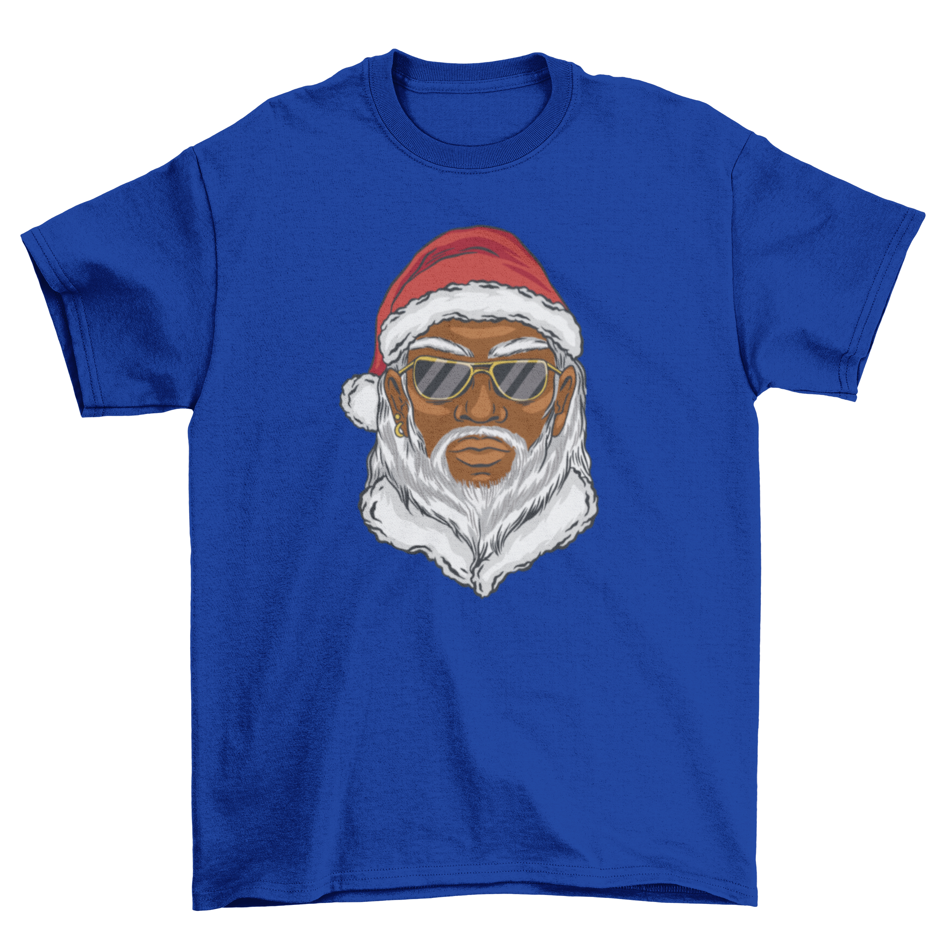 Black Santa Claus wearing sunglasses on a festive t-shirt design.