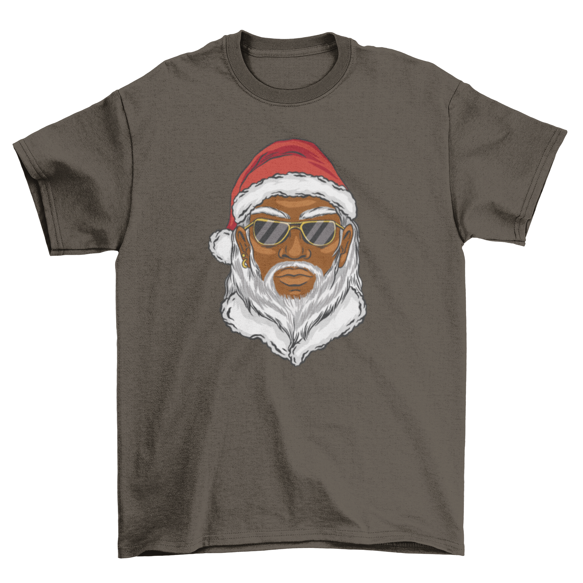 Black Santa Claus wearing sunglasses on a festive t-shirt design.