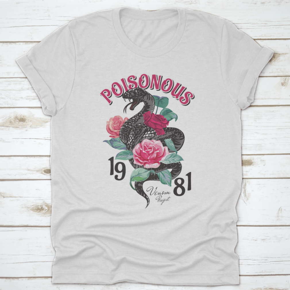 Black T-shirt featuring a striking snake and roses design, made from 100% cotton for comfort.