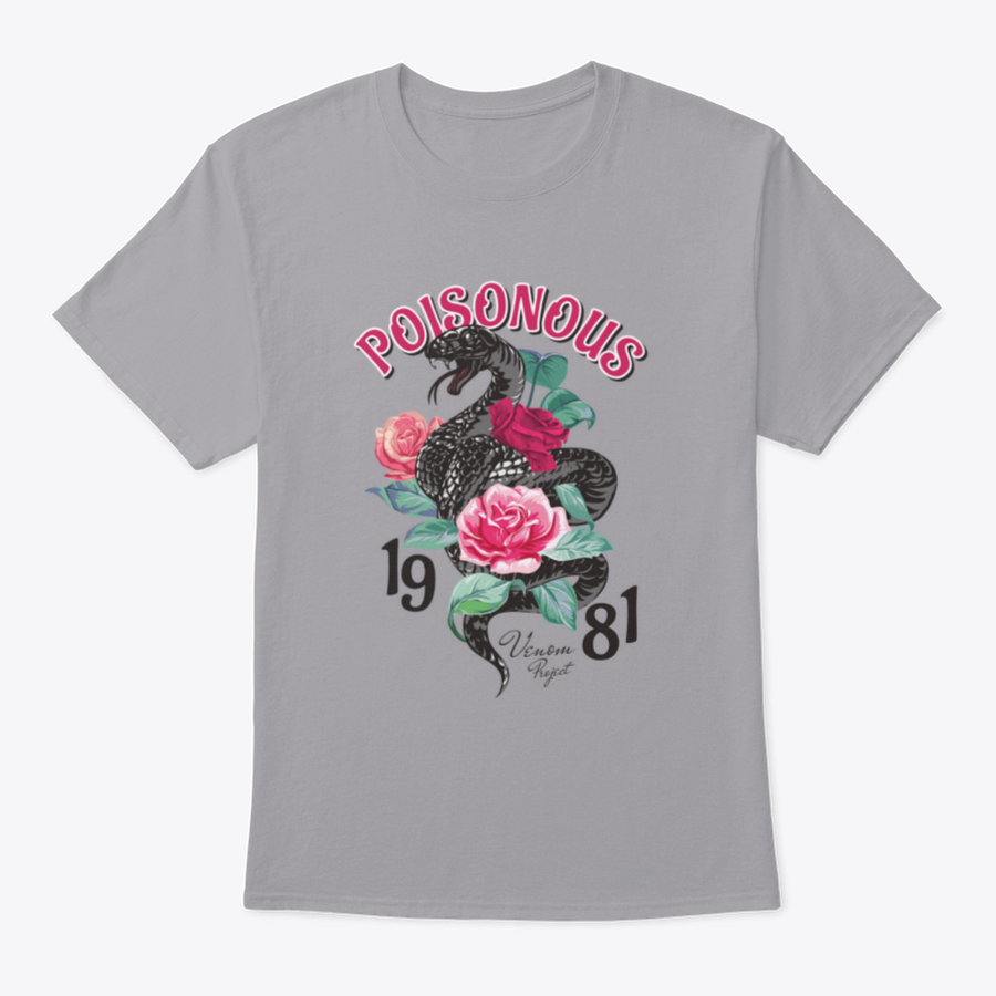 Black T-shirt featuring a striking snake and roses design, made from 100% cotton for comfort.