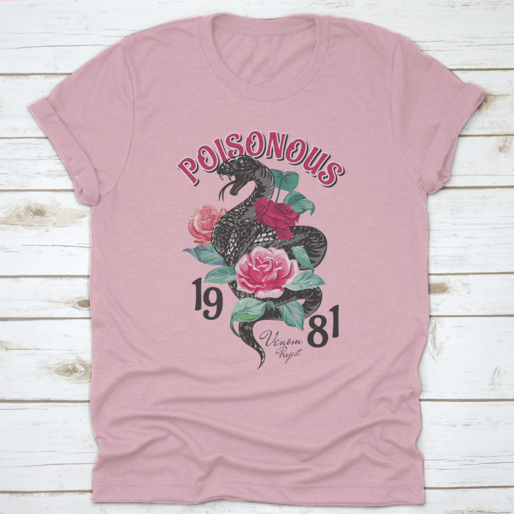 Black T-shirt featuring a striking snake and roses design, made from 100% cotton for comfort.