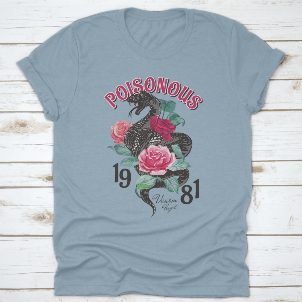Black T-shirt featuring a striking snake and roses design, made from 100% cotton for comfort.