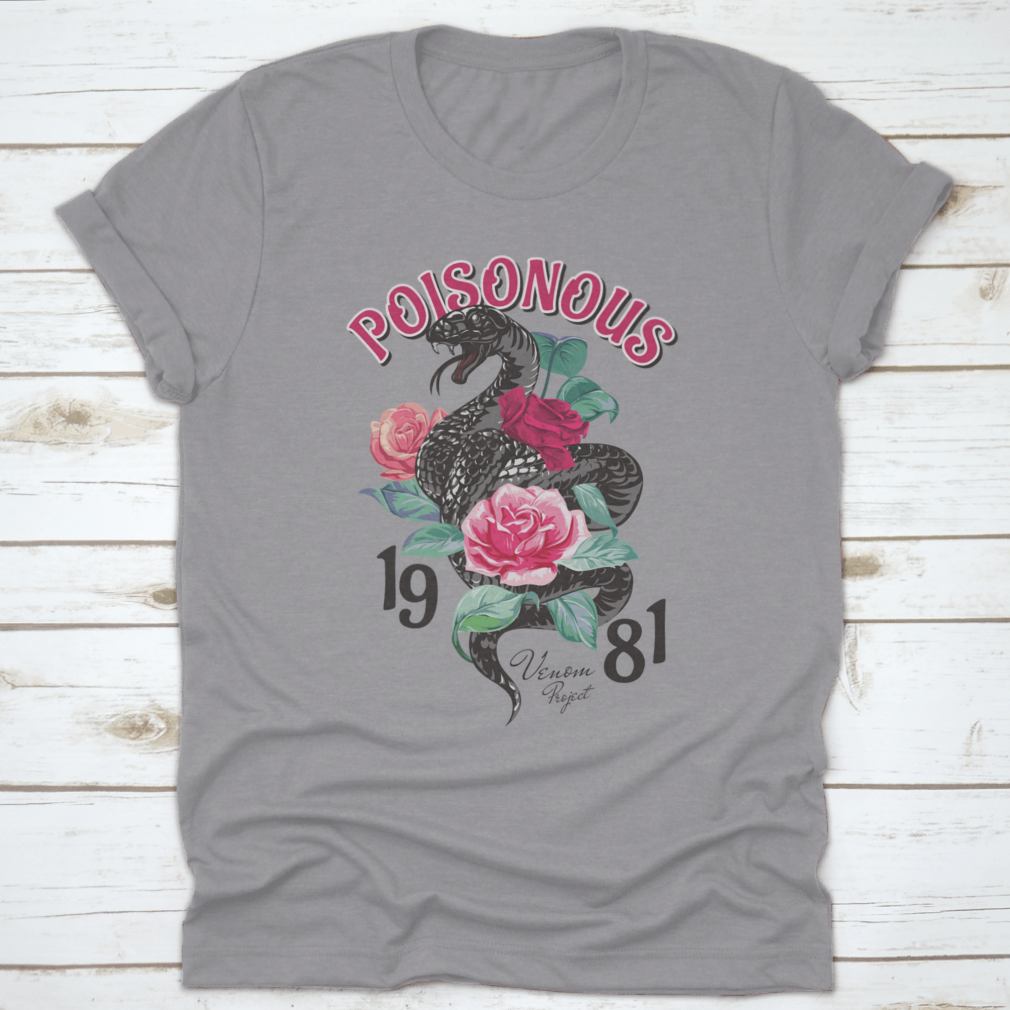 Black T-shirt featuring a striking snake and roses design, made from 100% cotton for comfort.