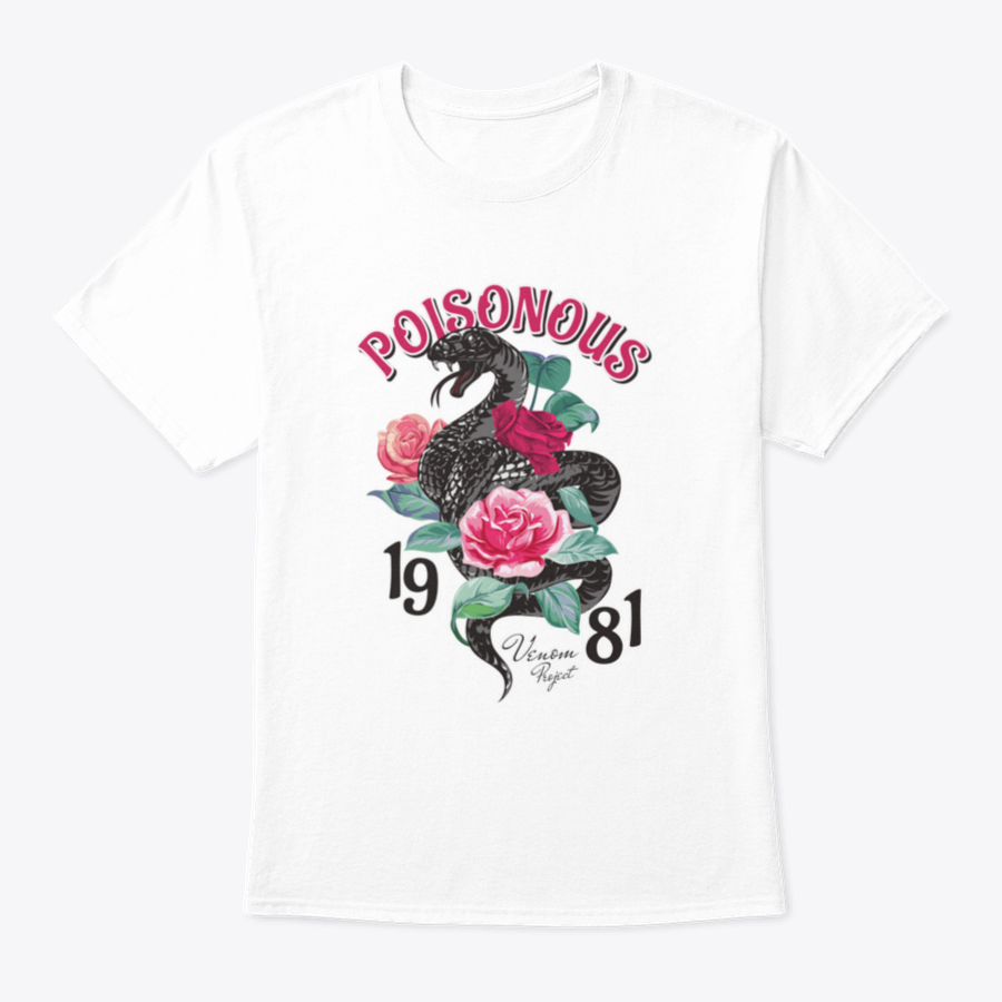 Black T-shirt featuring a striking snake and roses design, made from 100% cotton for comfort.