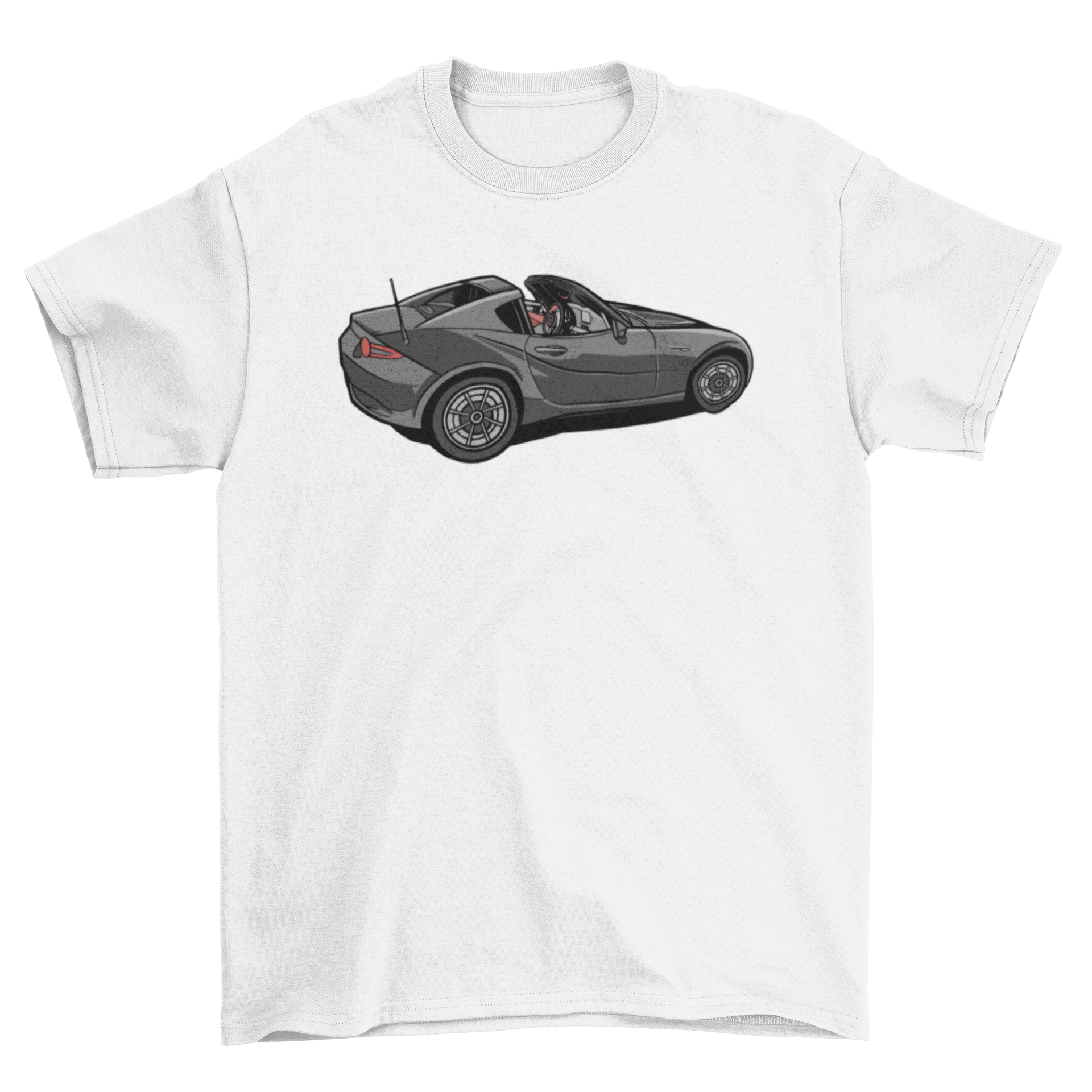A stylish black t-shirt featuring a detailed graphic of a fancy black sports car with an open roof, perfect for car enthusiasts.