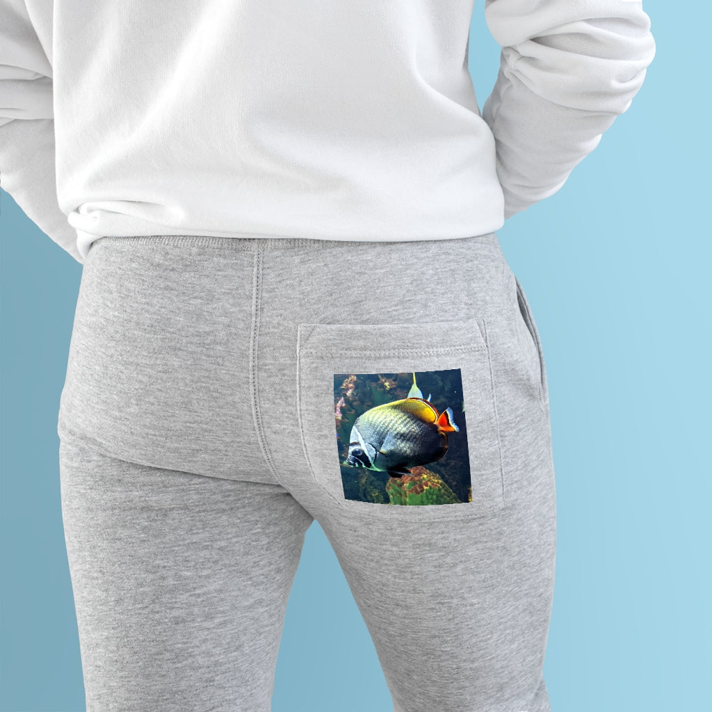 Black White Fish Premium Fleece Joggers featuring a stylish design with customizable back pocket and two side pockets.