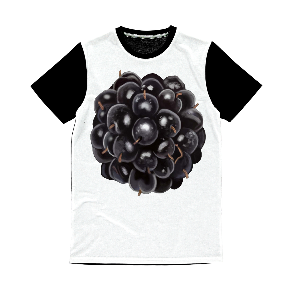 BlackBerry Classic Sublimation Panel T-Shirt featuring a vibrant front design and plain black back, ideal for sublimation printing.