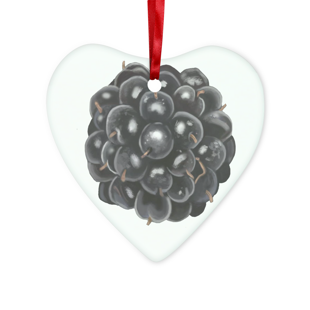 BlackBerry Glass Hanging Ornament in round and heart shapes, elegantly displayed with red ribbon and gold string.