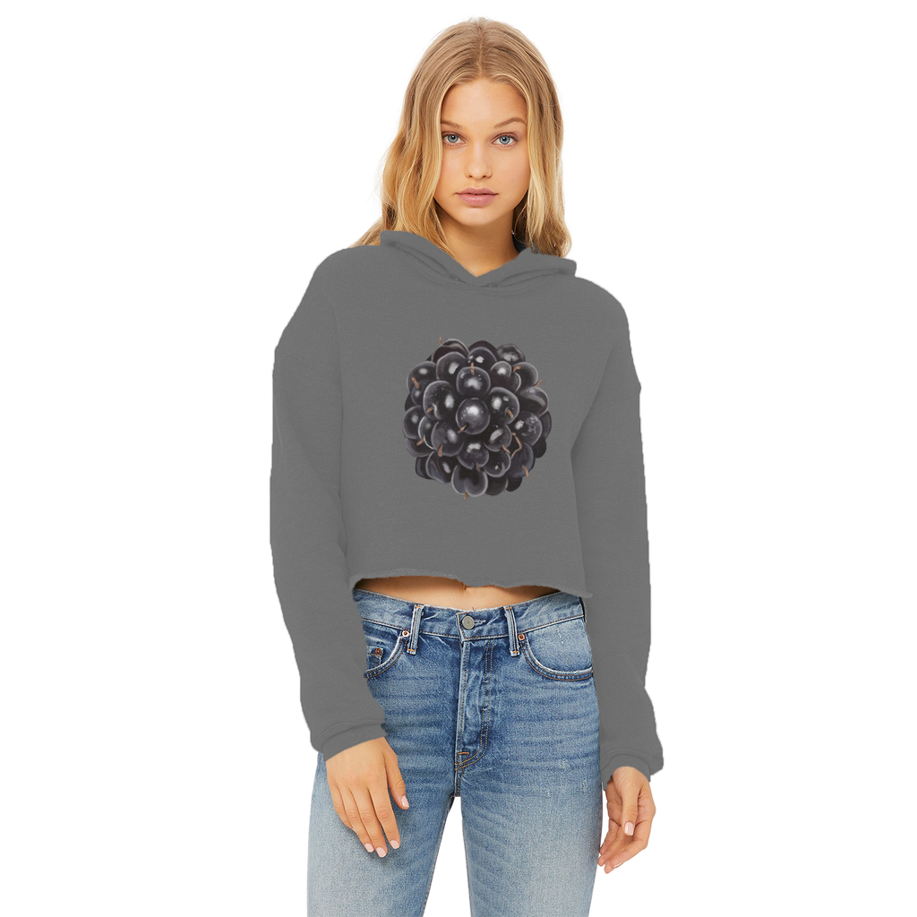 BlackBerry Ladies Cropped Raw Edge Hoodie in various colors with raw edge hem and double fabric hood.