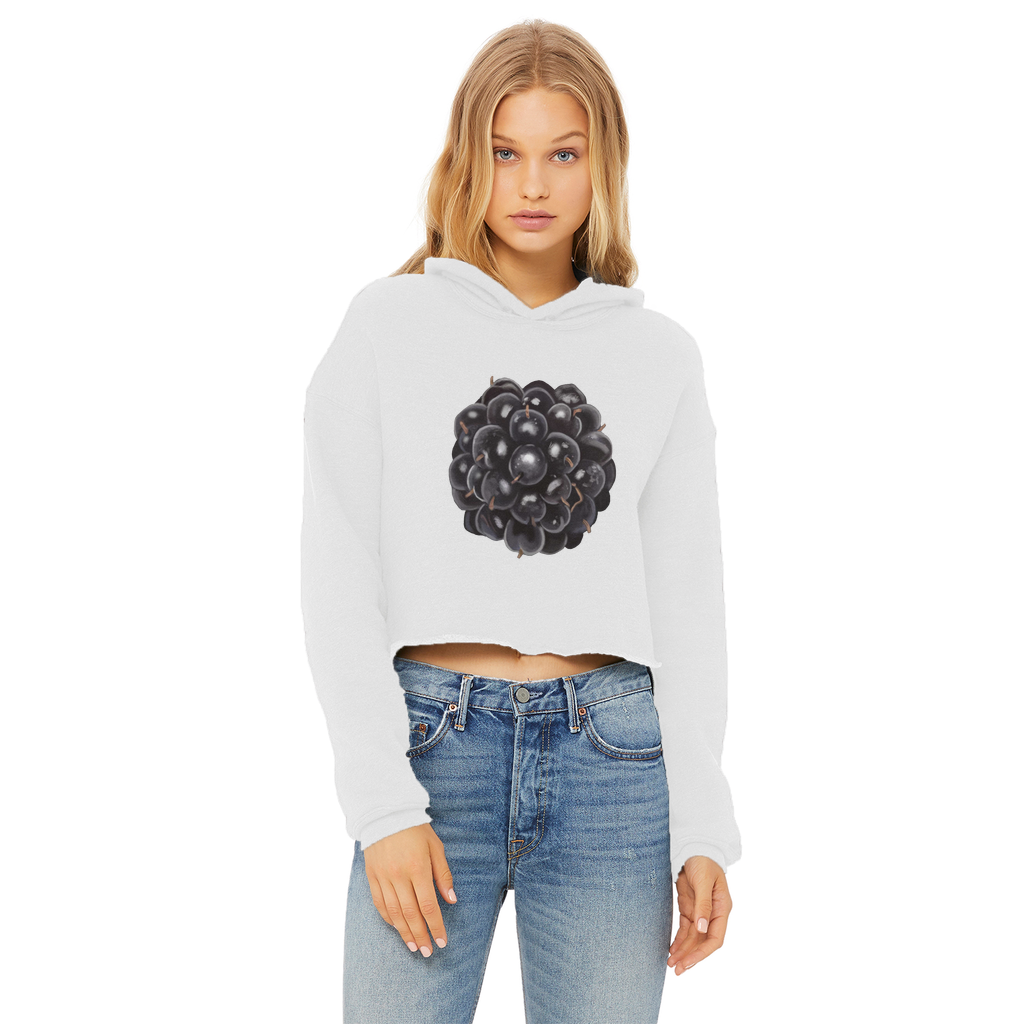 BlackBerry Ladies Cropped Raw Edge Hoodie in various colors with raw edge hem and double fabric hood.