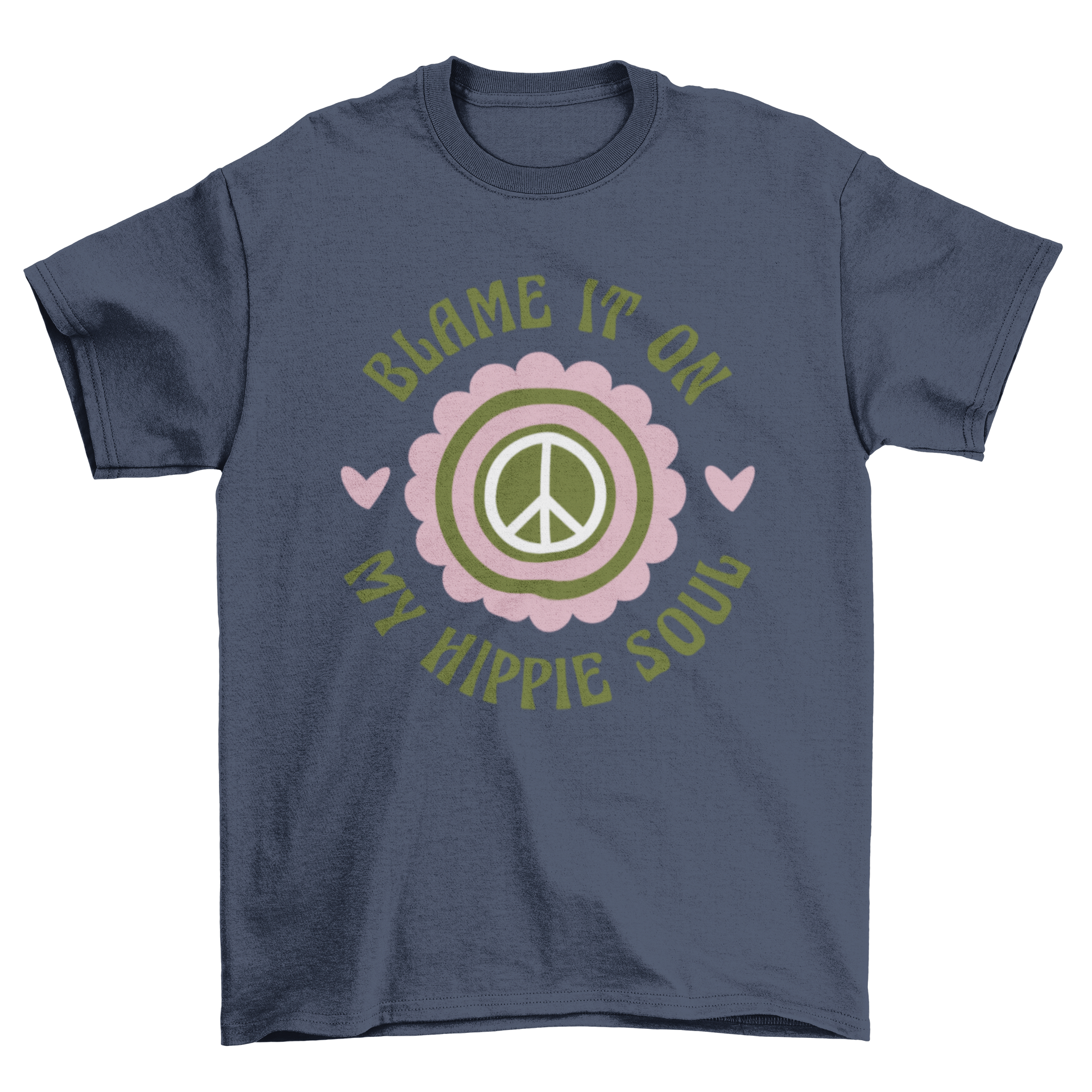 A stylish t-shirt featuring the quote 'Blame it on my hippie soul' with a peace symbol, perfect for free spirits.