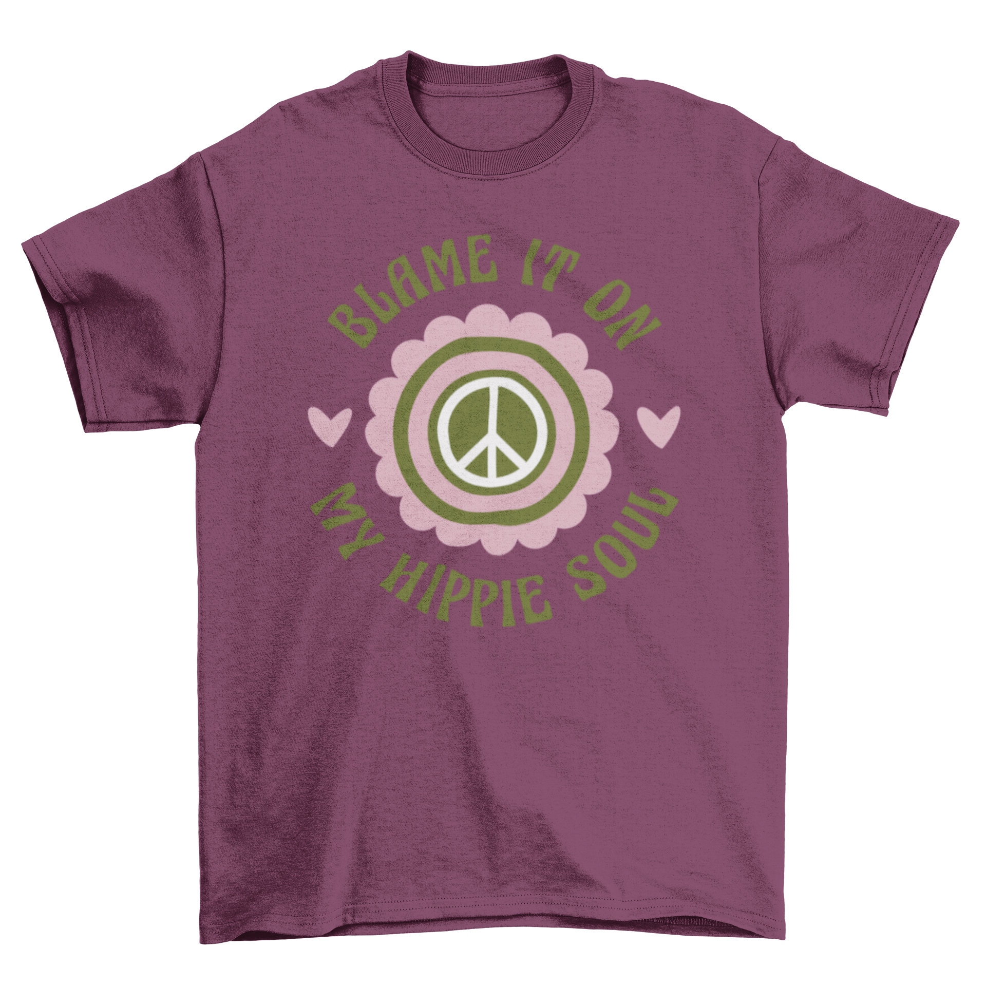 A stylish t-shirt featuring the quote 'Blame it on my hippie soul' with a peace symbol, perfect for free spirits.