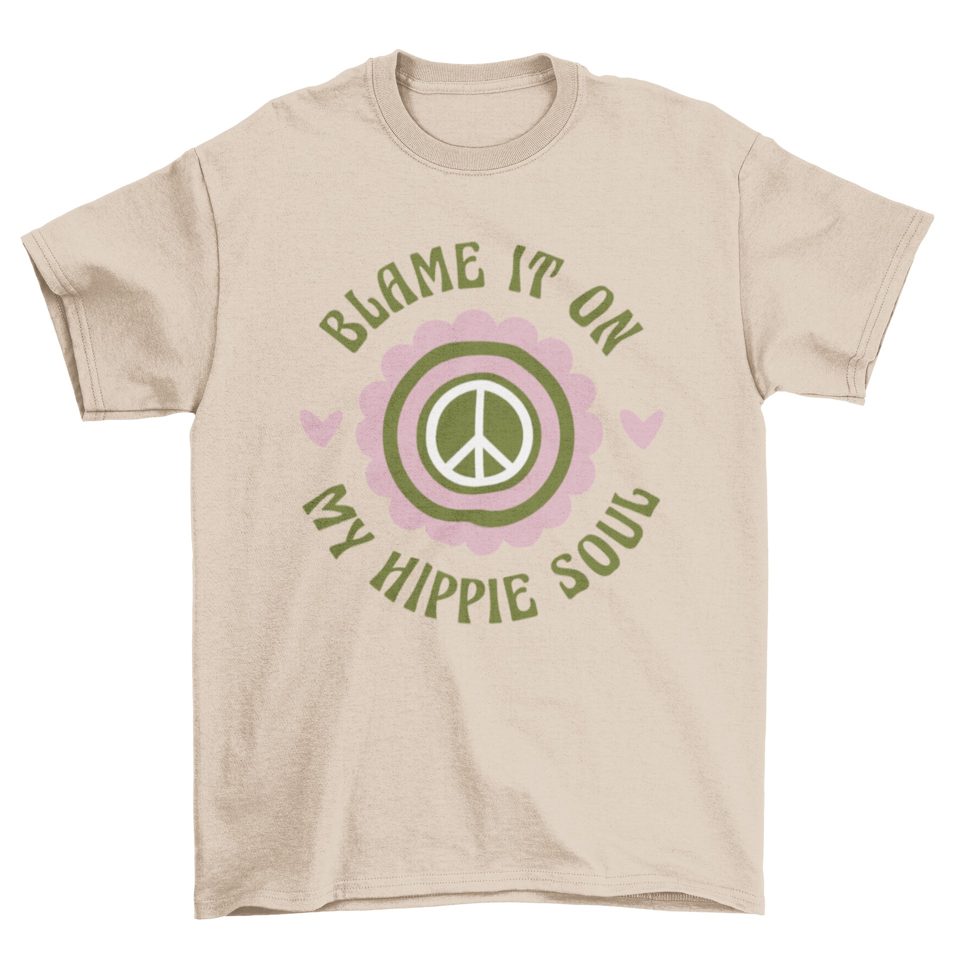 A stylish t-shirt featuring the quote 'Blame it on my hippie soul' with a peace symbol, perfect for free spirits.