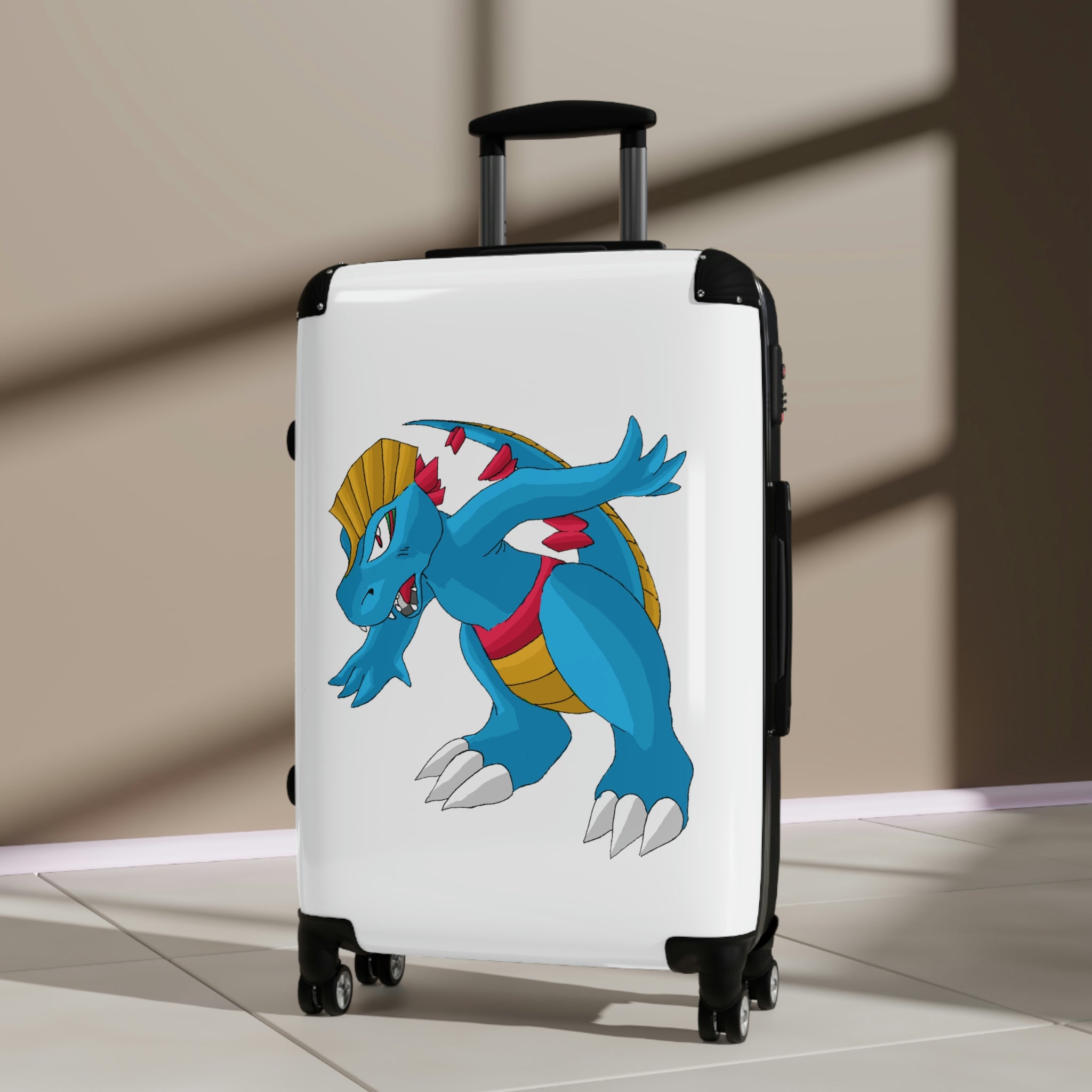 Blastdile Cabin Suitcase featuring a personalized design, lightweight polycarbonate front, and ABS back hard-shell with 360° swivel wheels.