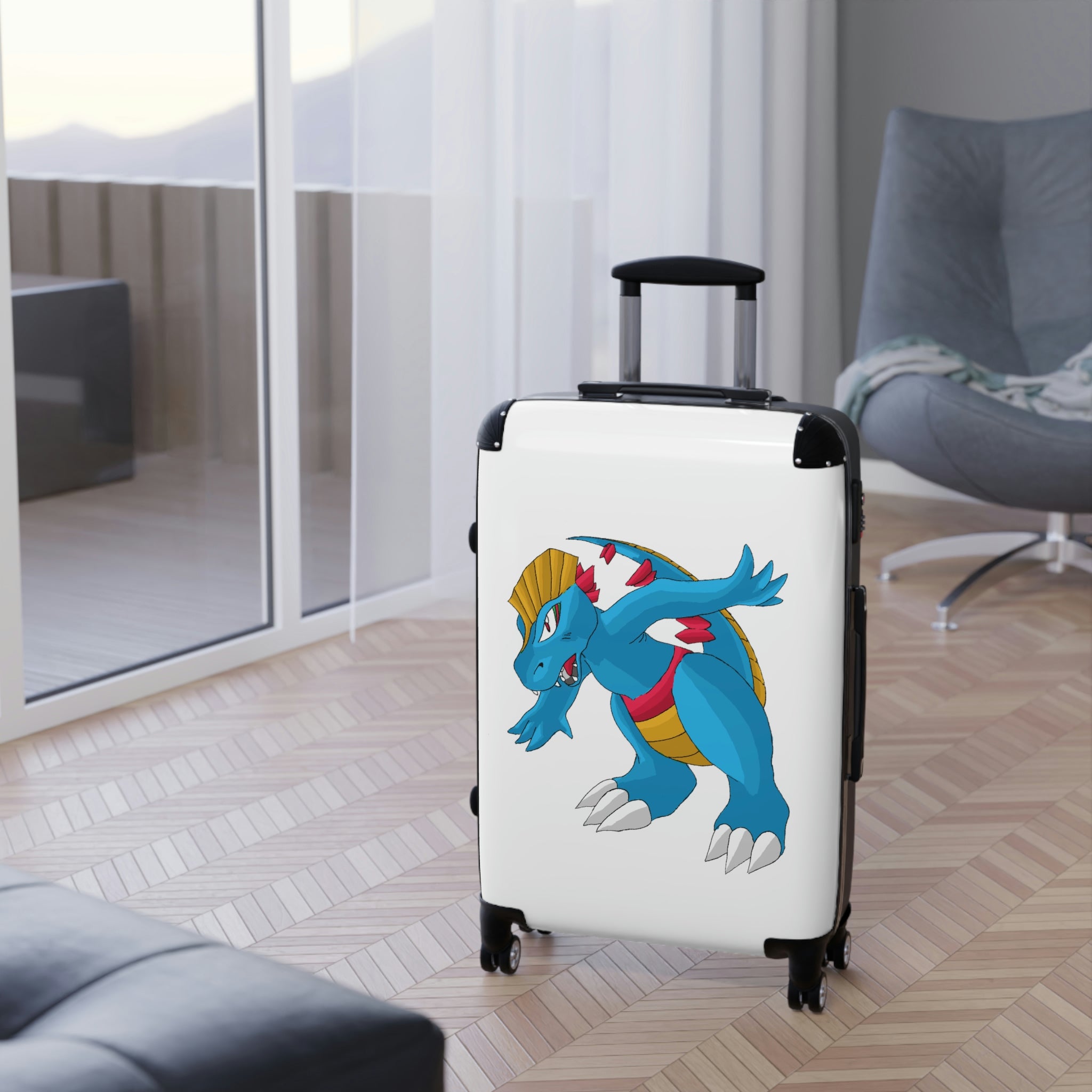 Blastdile Cabin Suitcase featuring a personalized design, lightweight polycarbonate front, and ABS back hard-shell with 360° swivel wheels.