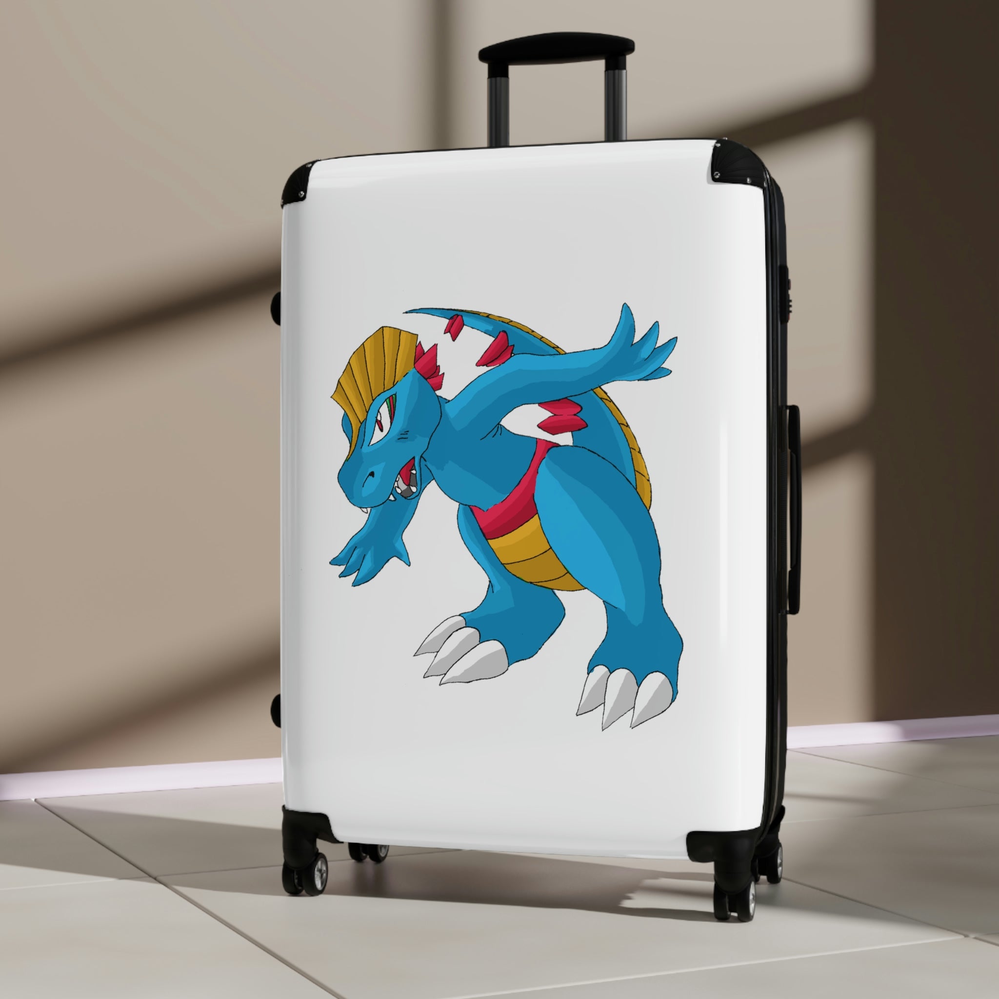 Blastdile Cabin Suitcase featuring a personalized design, lightweight polycarbonate front, and ABS back hard-shell with 360° swivel wheels.