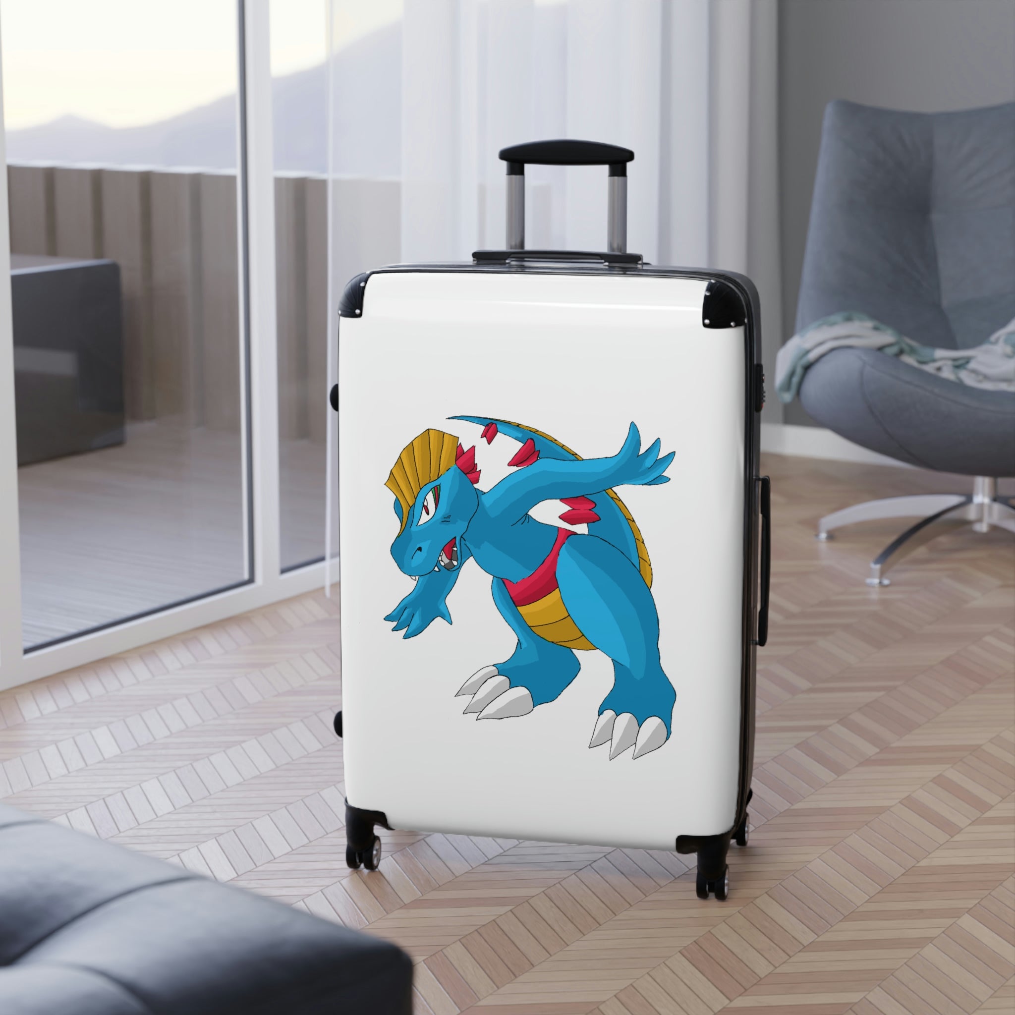 Blastdile Cabin Suitcase featuring a personalized design, lightweight polycarbonate front, and ABS back hard-shell with 360° swivel wheels.