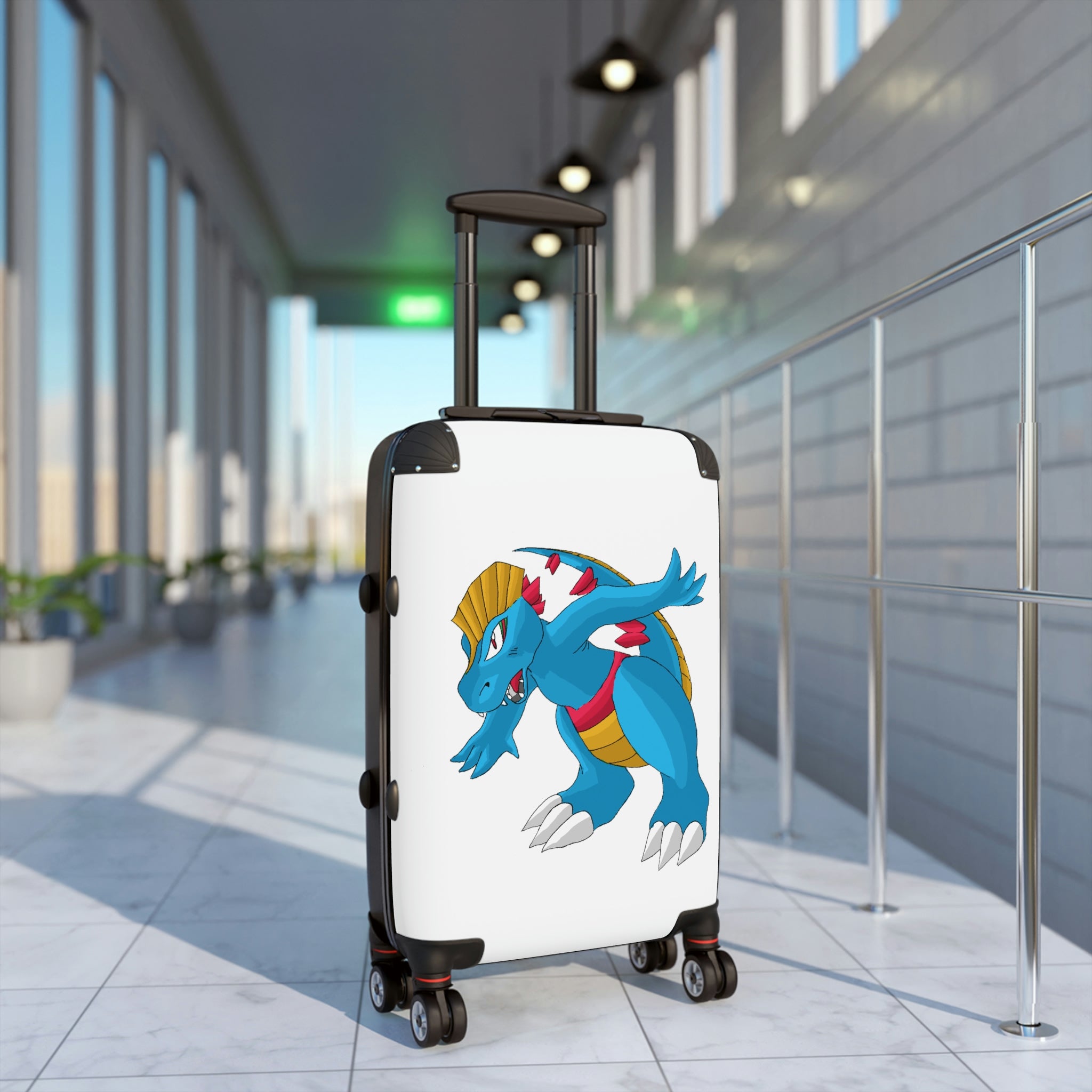 Blastdile Cabin Suitcase featuring a personalized design, lightweight polycarbonate front, and ABS back hard-shell with 360° swivel wheels.