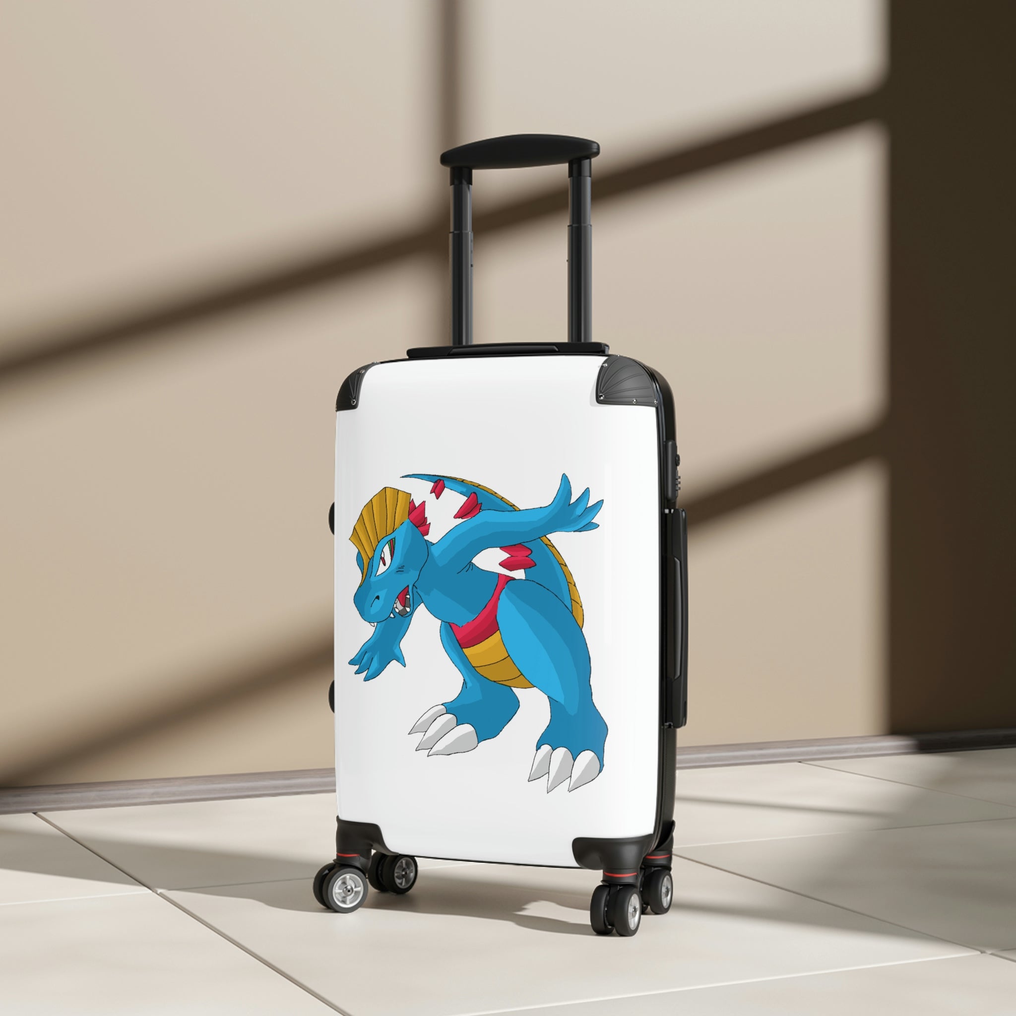 Blastdile Cabin Suitcase featuring a personalized design, lightweight polycarbonate front, and ABS back hard-shell with 360° swivel wheels.