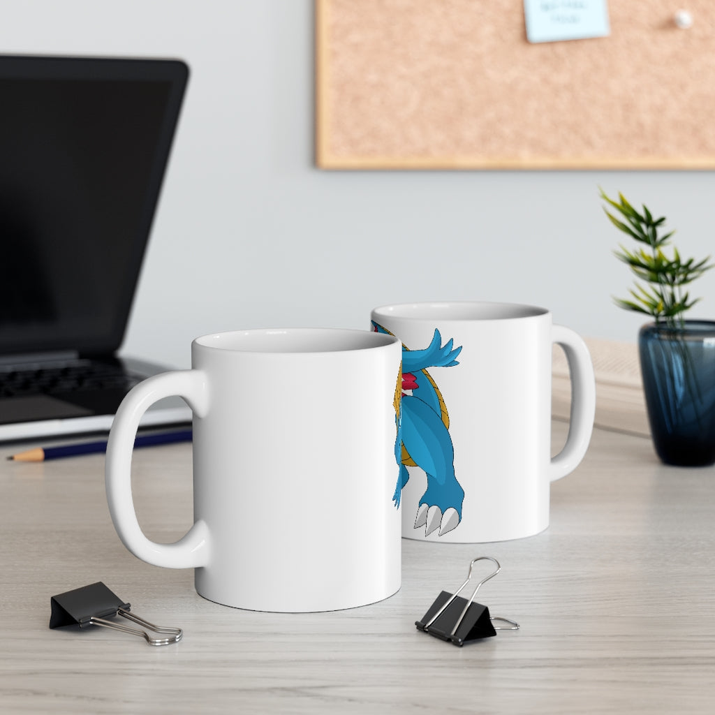 Blastdile Mug 11oz in white ceramic with rounded corners and C-handle, perfect for coffee, tea, and hot chocolate.