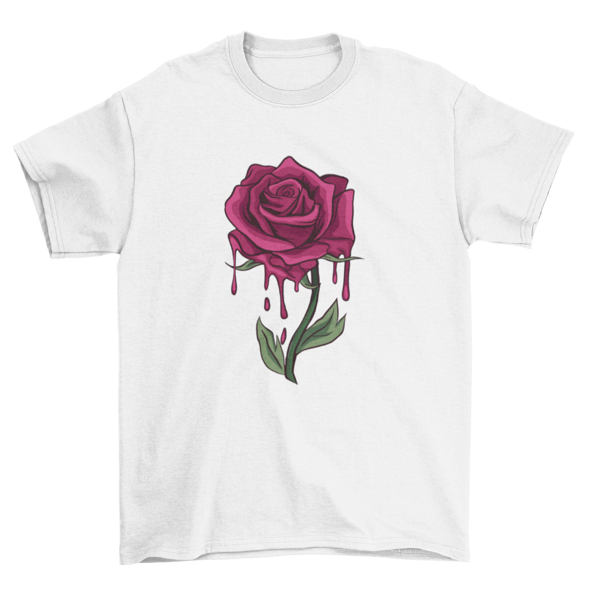 A stylish T-shirt featuring a detailed illustration of a bleeding rose, showcasing vibrant colors and intricate design.