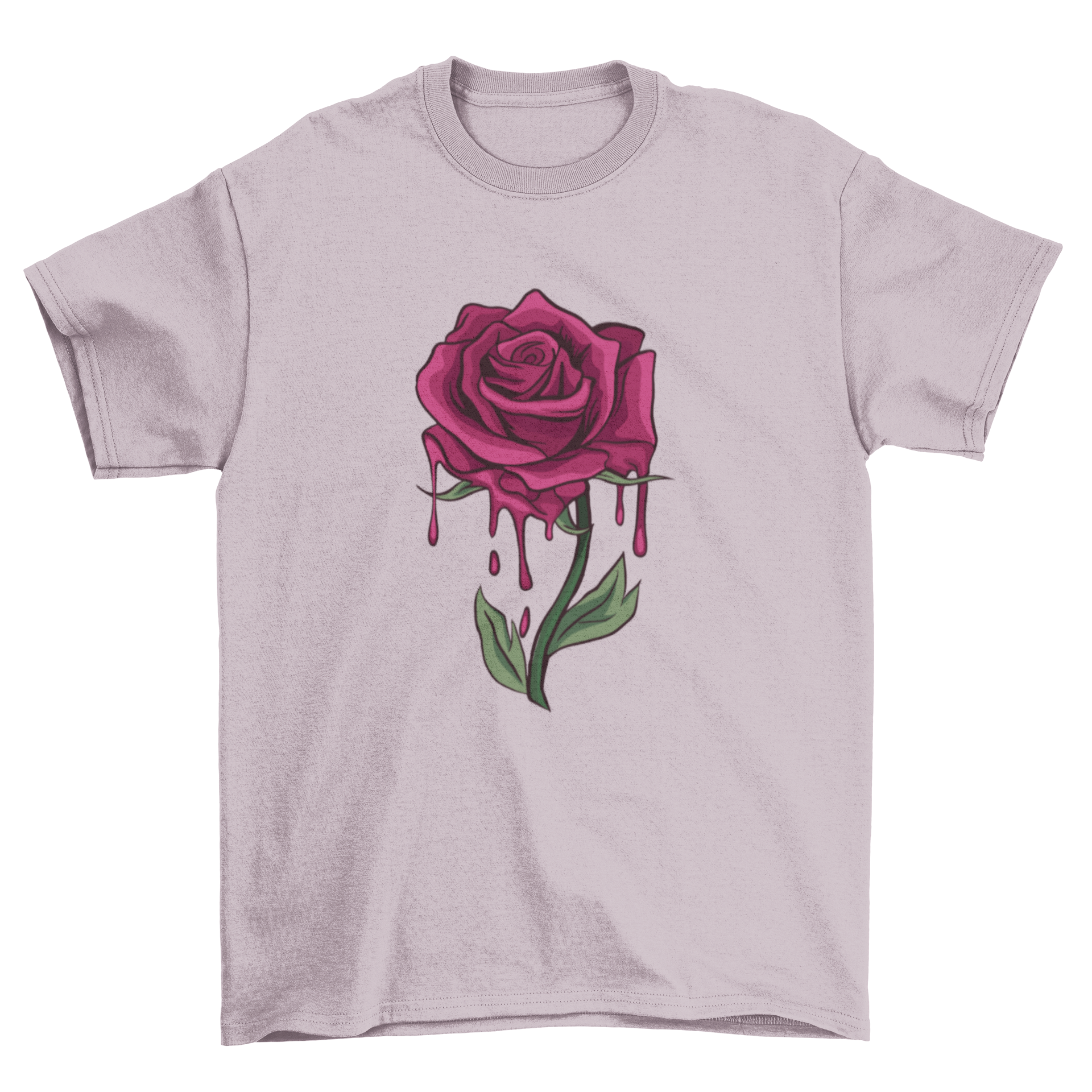 A stylish T-shirt featuring a detailed illustration of a bleeding rose, showcasing vibrant colors and intricate design.